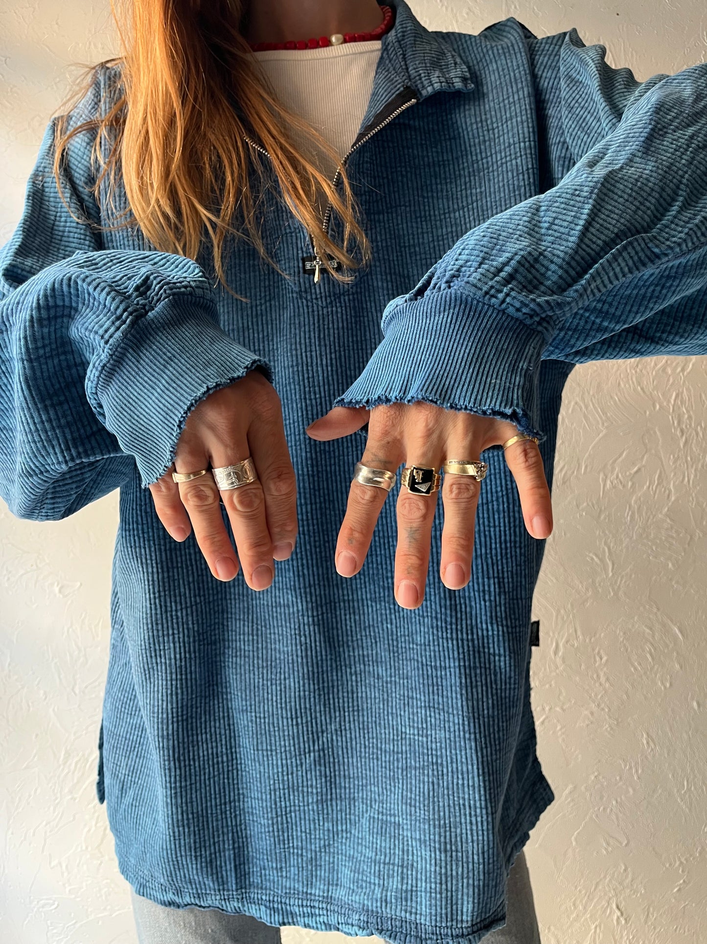 90s 'Ezze Wear' Blue Corduroy Half Zip Shirt / Large
