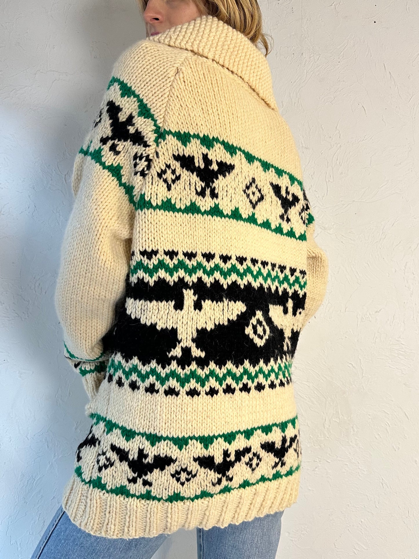 Vintage Hand Knit Thick Wool Zip Up Eagle Sweater / Medium