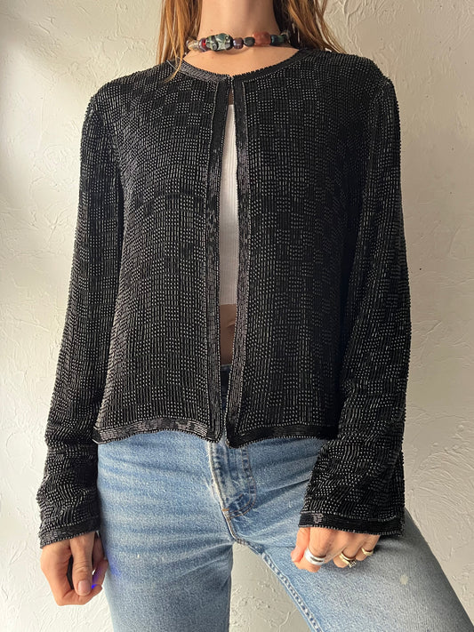 90s ‘Scala’ Black Beaded Sequin Evening Jacket Glam Formal Party Cardigan Statement Top / Small