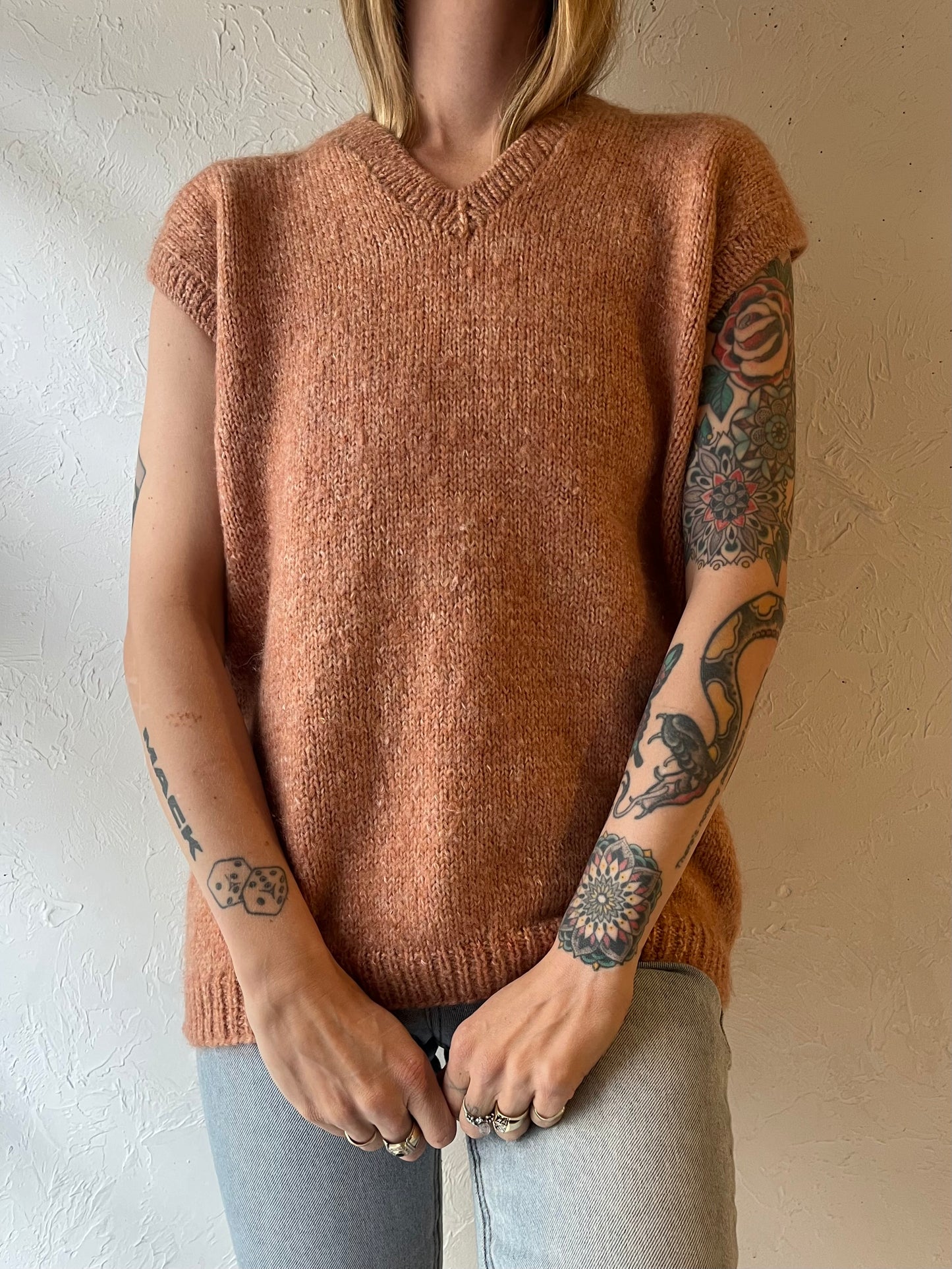 Vintage Hand Knit Pink Wool Vest / Medium