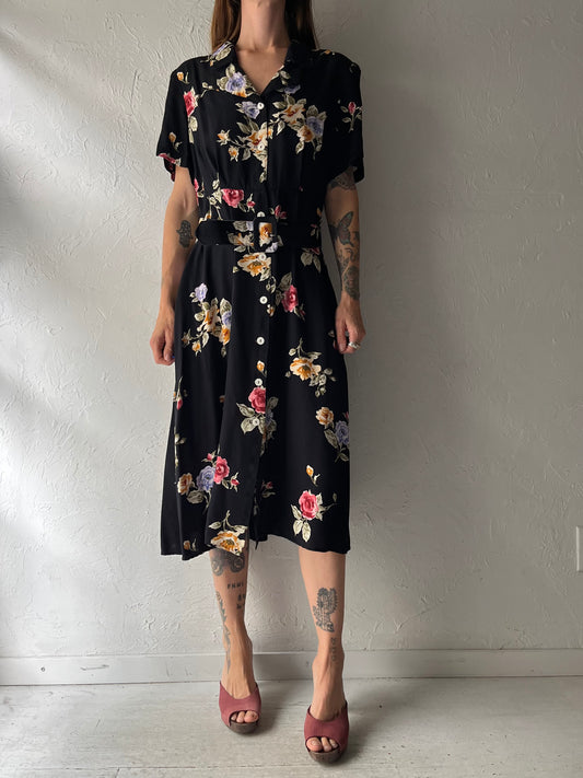 80s 'S.L. Fashions' Black Floral Cottagecore Romantic Grunge Midi Dress / Medium
