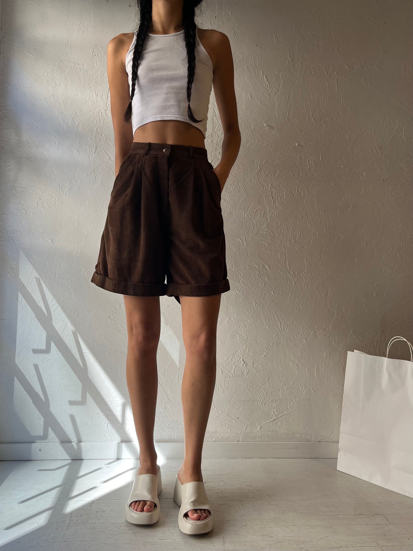 70s 'Courreges' Brown Suede Leather Shorts / Small