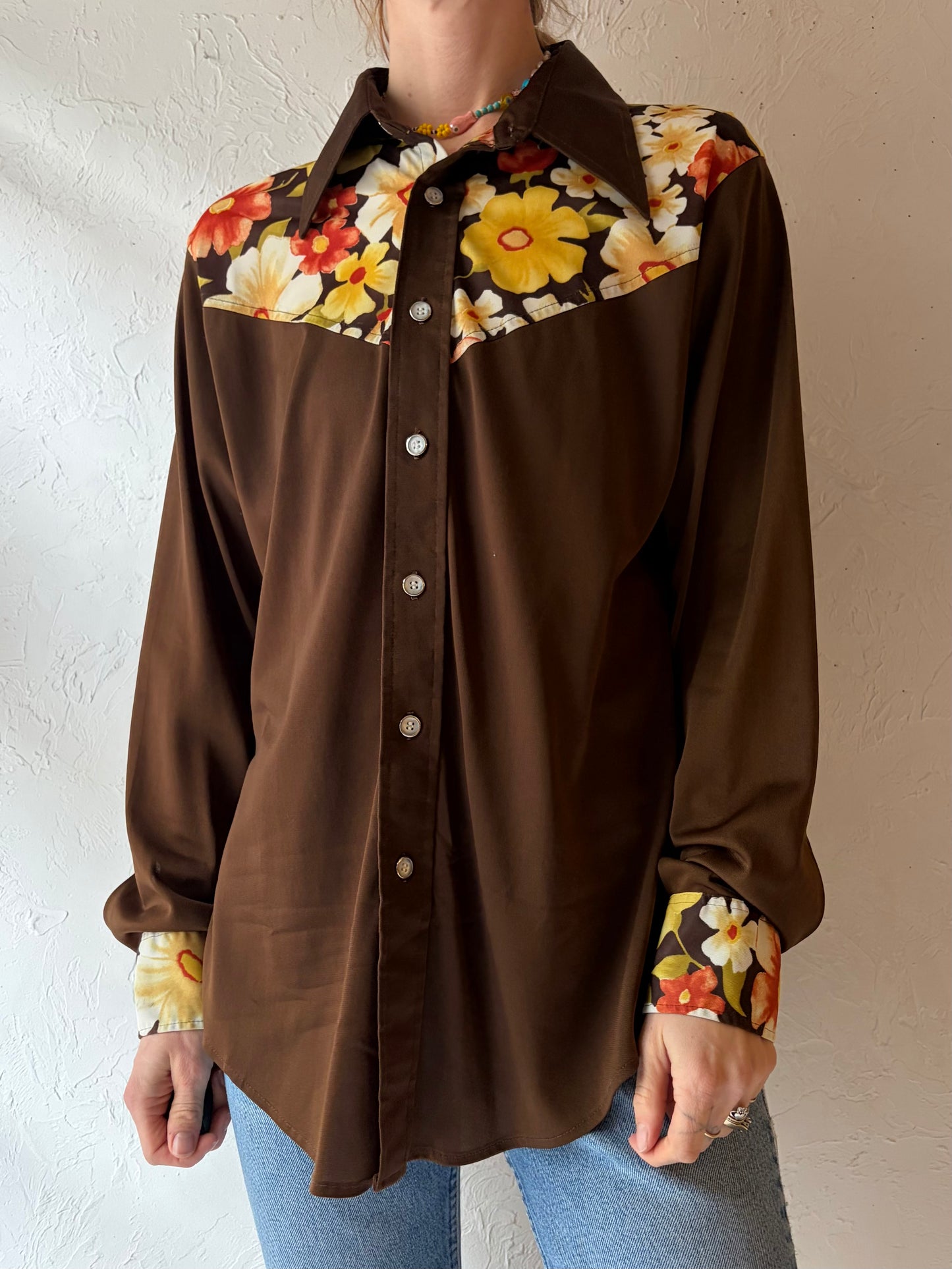 70s 'Career Club' Floral Western Shirt / Large