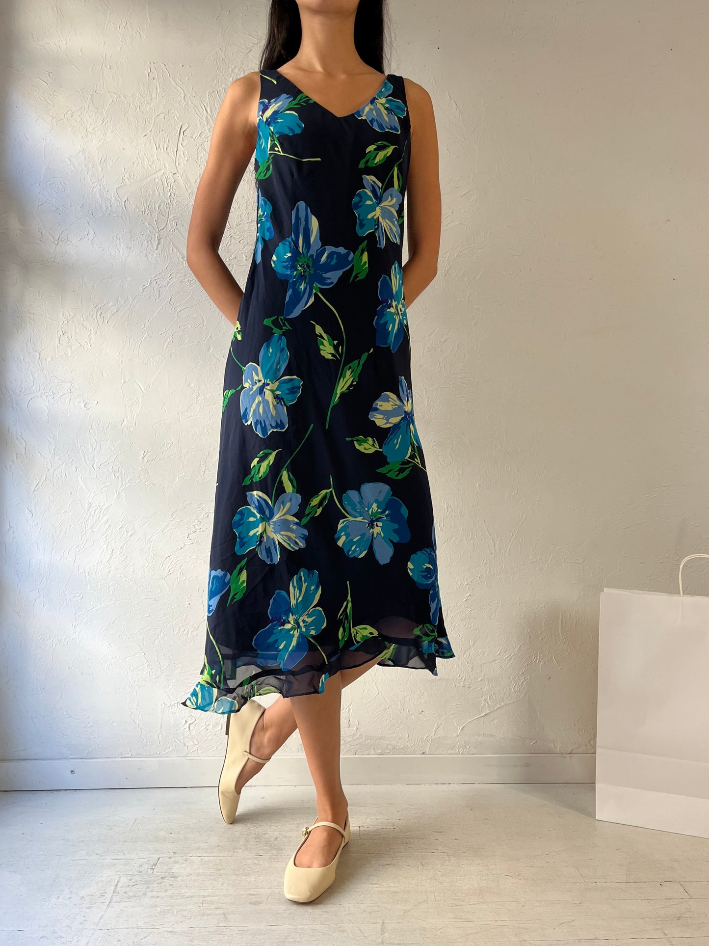 90s ‘DJ Summers’ Blue Floral Print Dress / Medium - Large