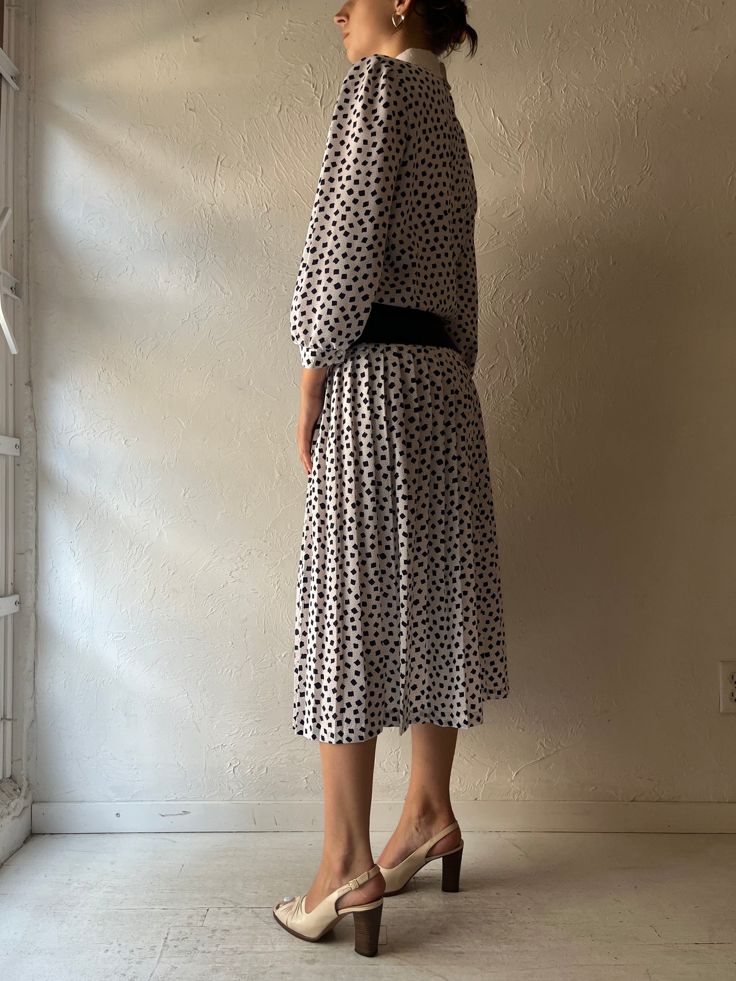 80s 'Demaro' Patterned Drop Waist Casual Spring Midi Dress / Union Made / Medium