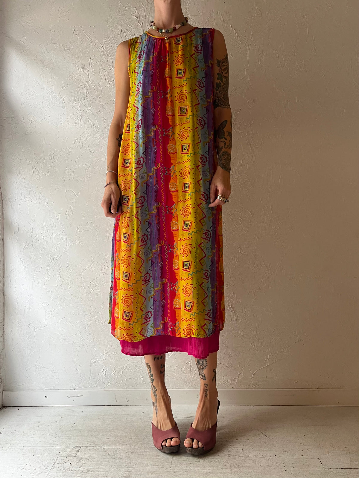 90s 'Papa' Rainbow Rayon Hippie Maxi Dress / Large