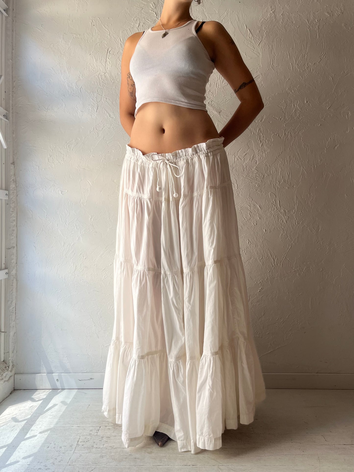 90s 'HL Bis' White Cotton Prairie Teared Cottagecore Maxi Skirt / Medium - Large