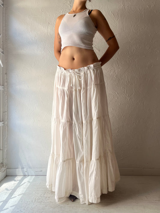 90s 'HL Bis' White Cotton Prairie Teared Cottagecore Maxi Skirt / Medium - Large