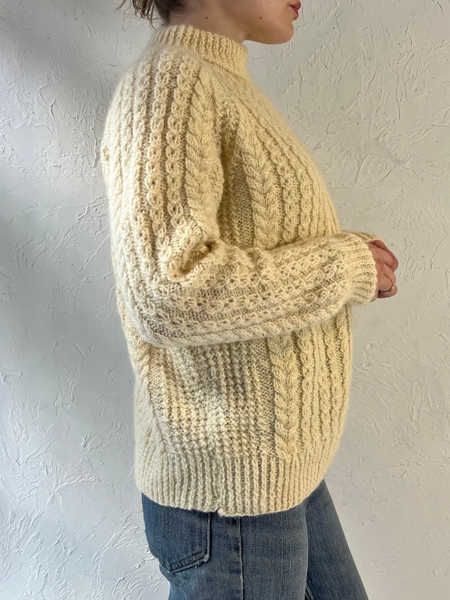 Vintage Hand Wool Knit Cream Cable Knit Sweater / Small - Medium