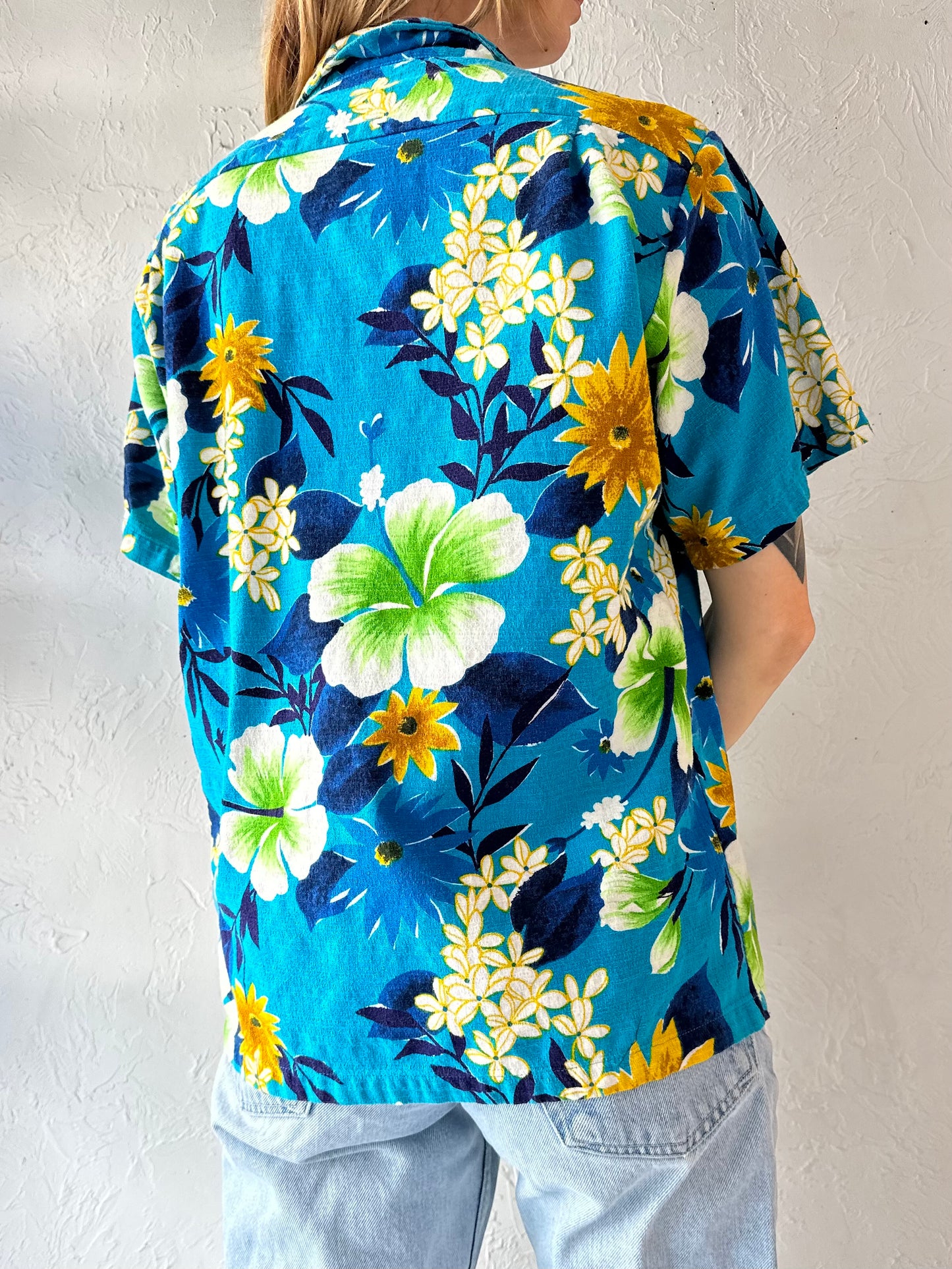 70s Blue Cotton Hawaiian Shirt / Medium