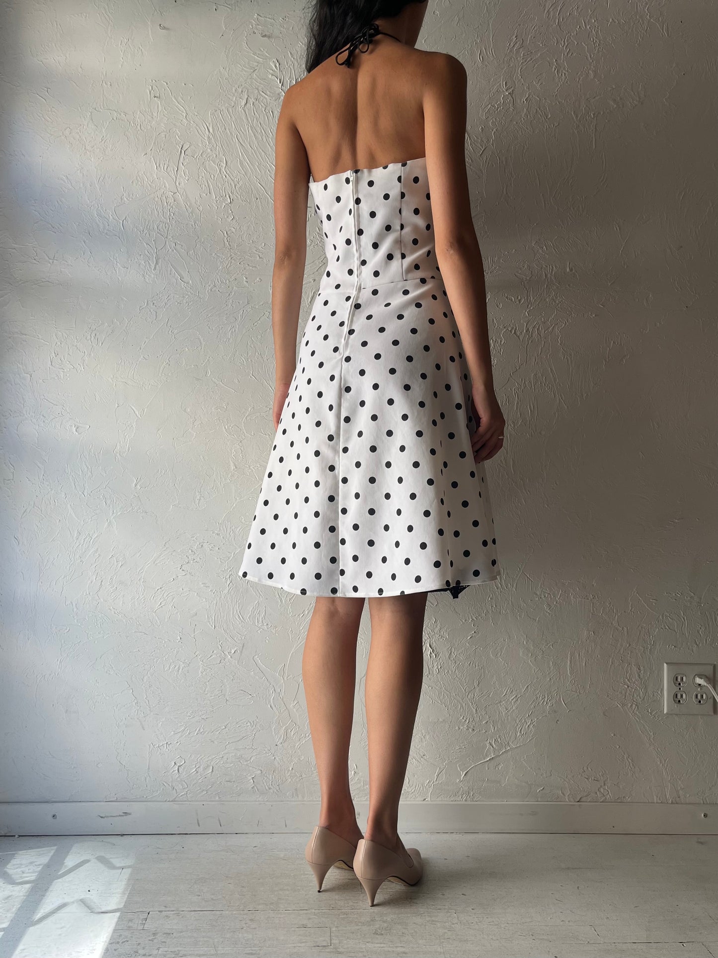 90s 'B Smart' White Polka Dot Pin Up Halter Dress / Medium - Large