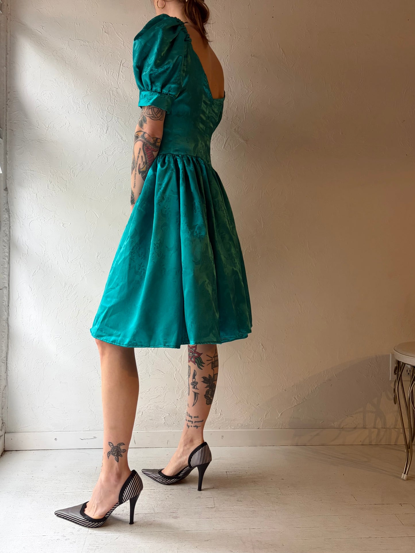 Vintage Handmade Teal Green Puff Sleeve Formal Mini Dress / Small