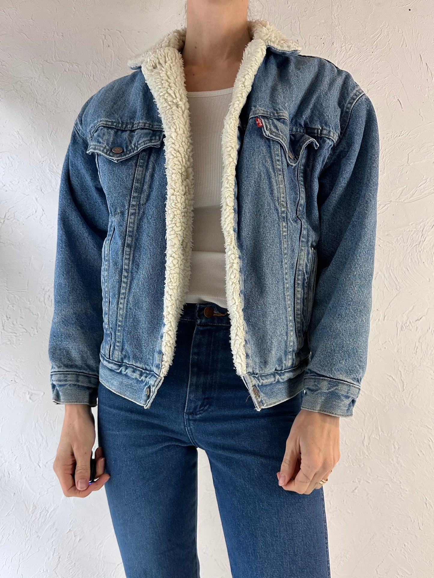 80s 'Levis' Faux Shearling Lined Denim Jacket / Youth L