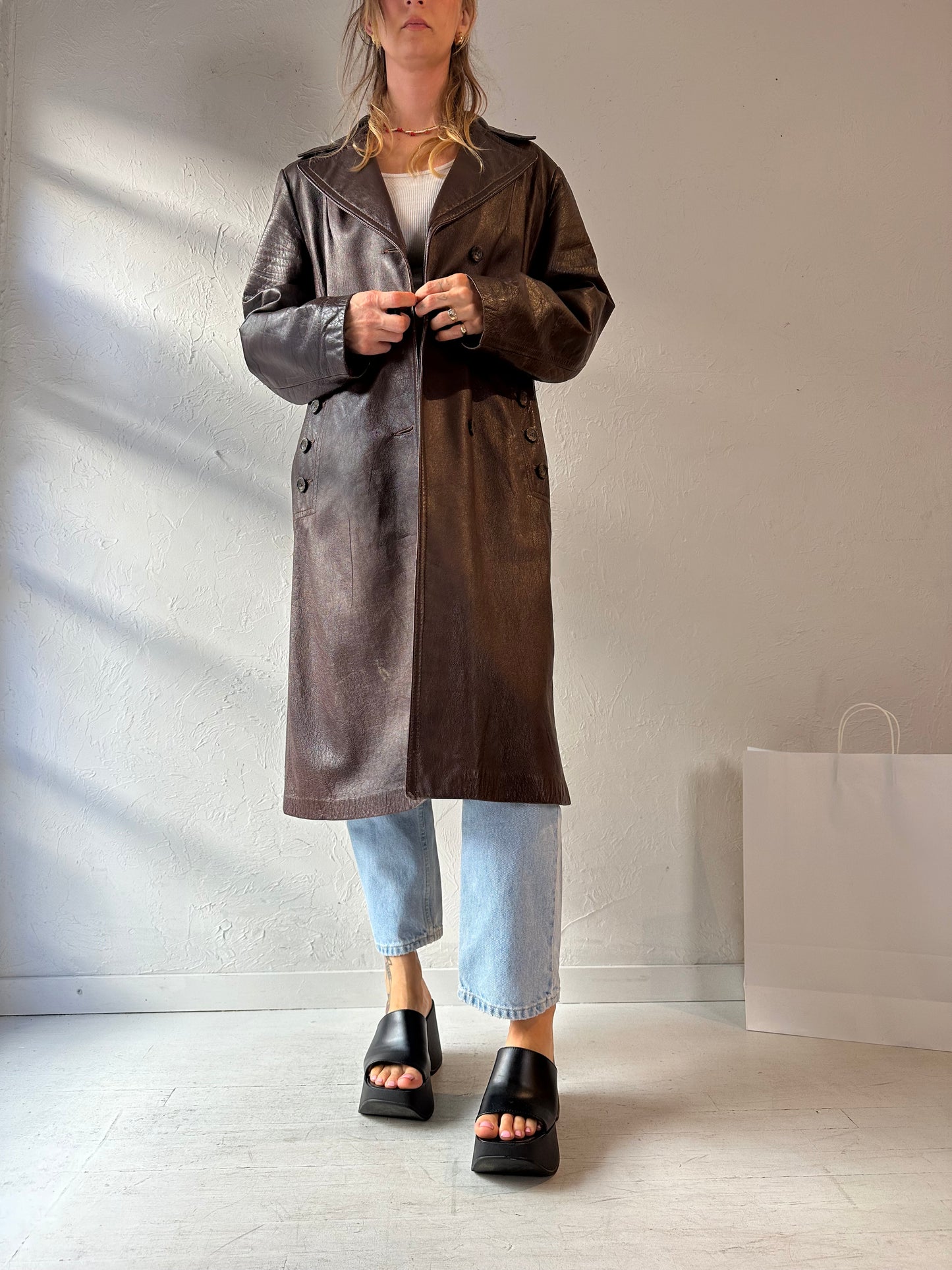 80s 'Norwest' Brown Leather Trench Coat / Medium