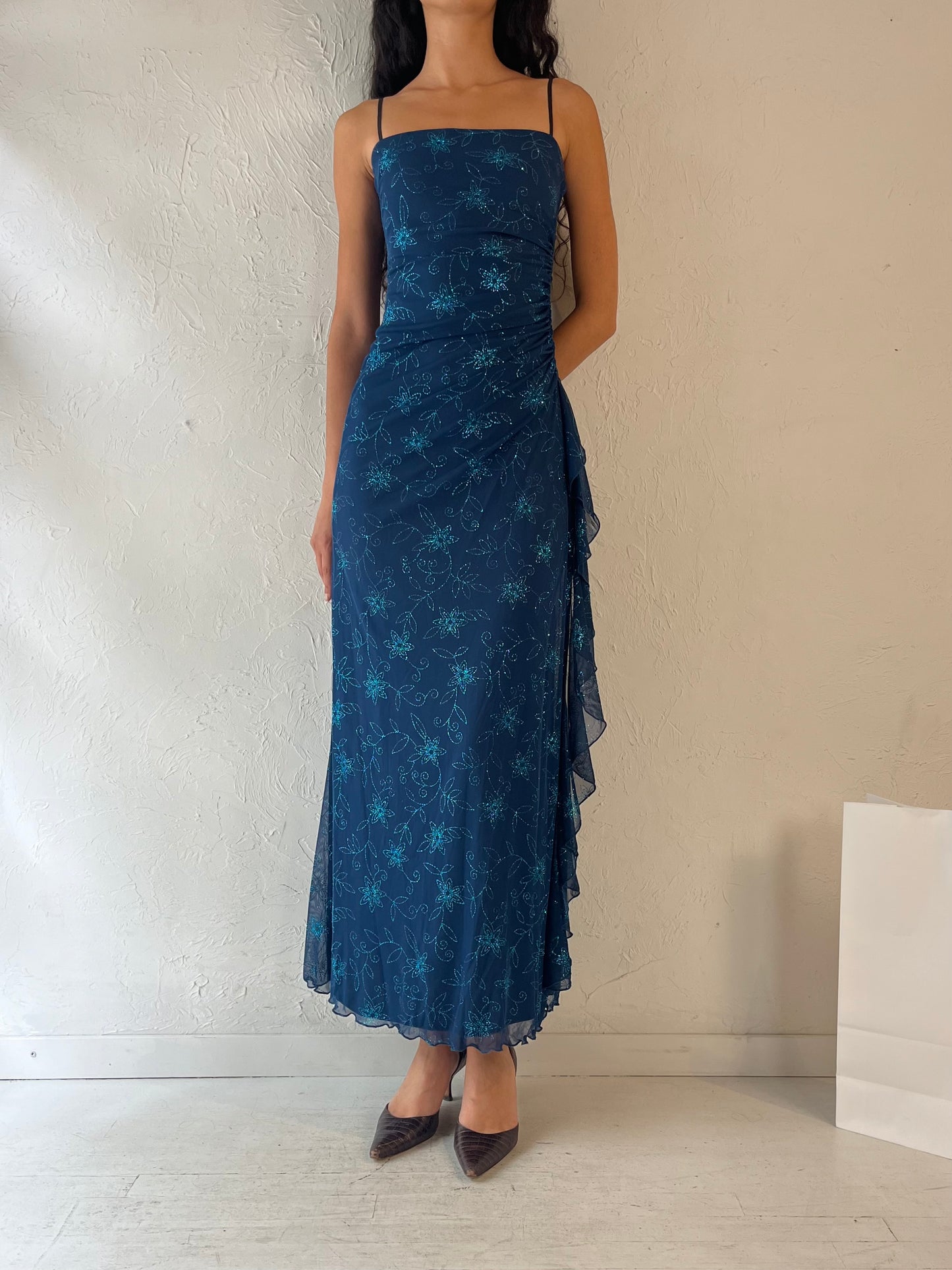 90s 'Mariposa' Blue Sparkly Dress / Small