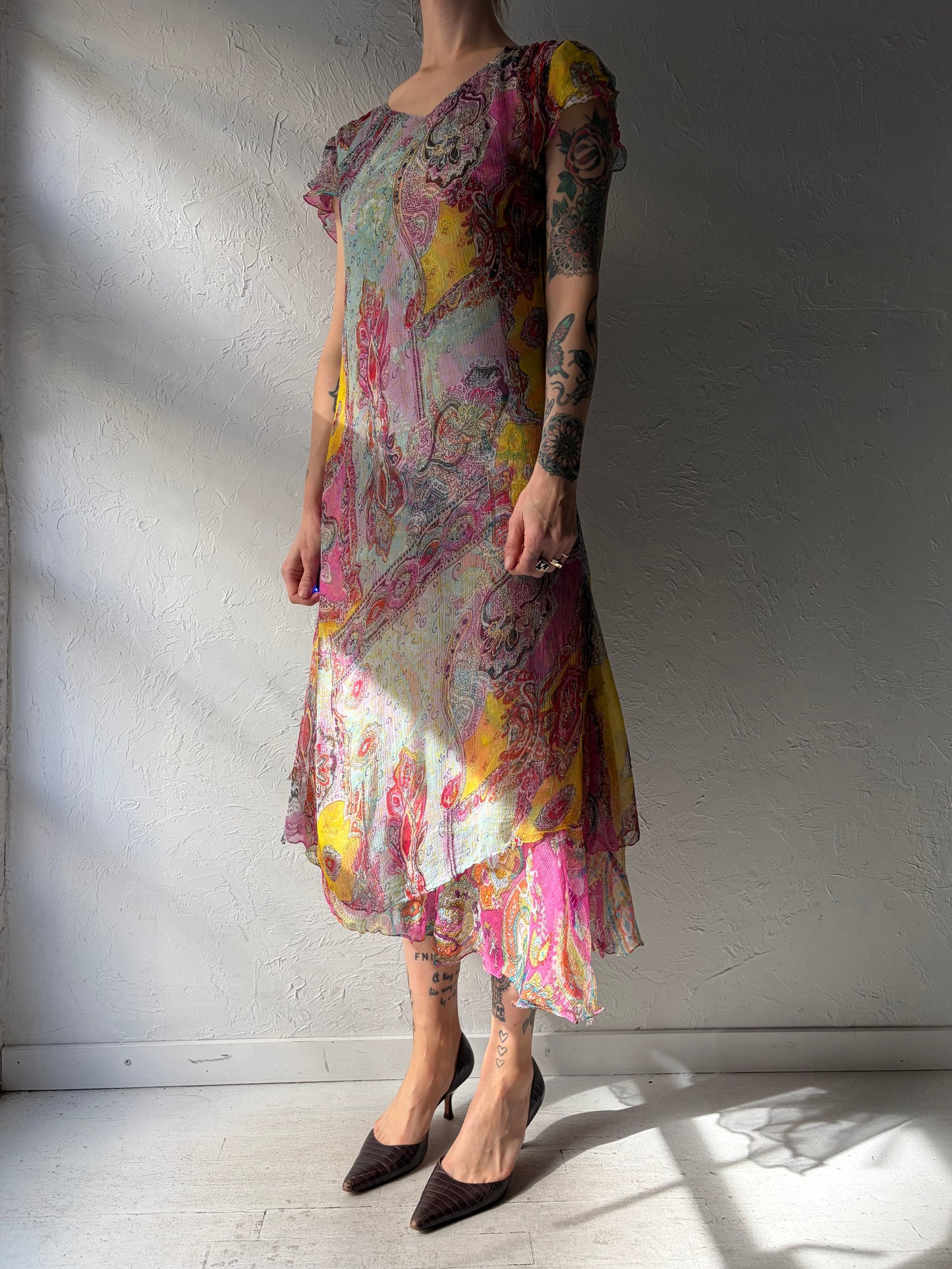 Y2k Vintage Paisley Boho Hippie Summer Maxi Dress / 2000s Flowy Formal Gown / Small