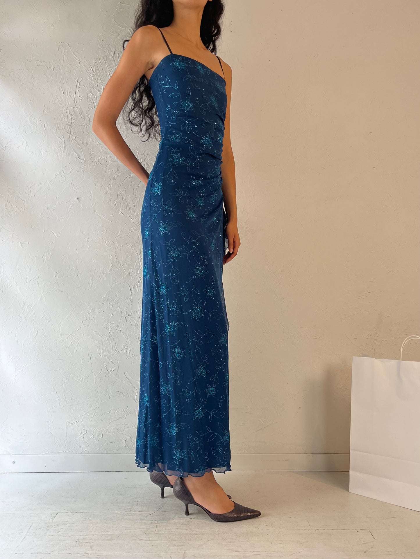 90s 'Mariposa' Blue Sparkly Dress / Small