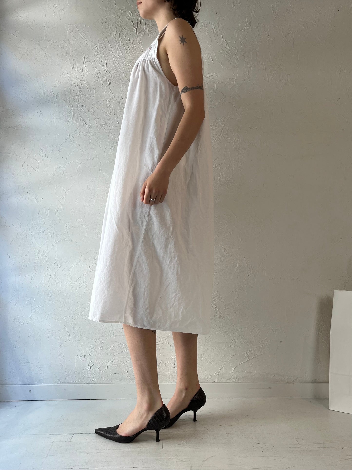 90s White Cotton Sleeveless Midi Dress / Large