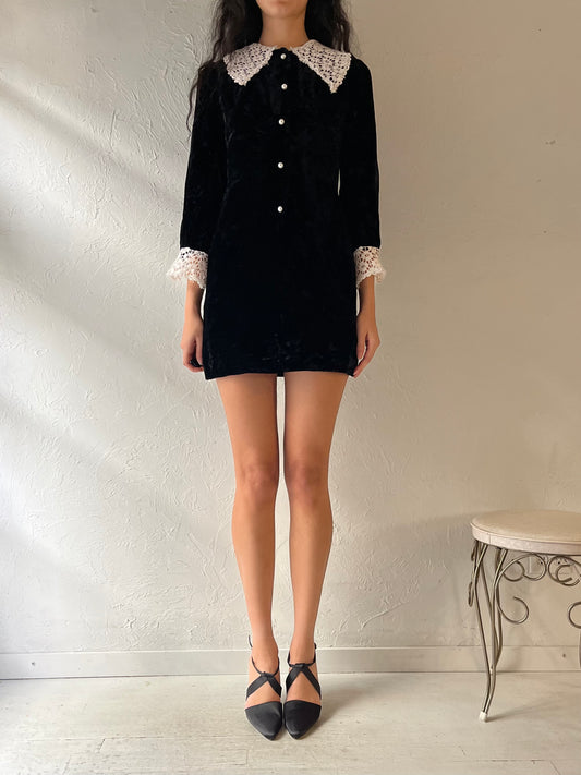 70s 'Perri' Black Long Sleeve Velvet Mini Dress / Small