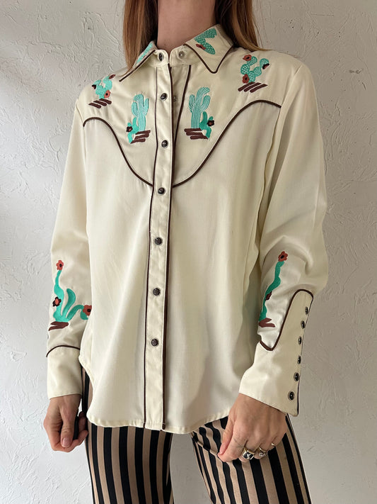 90s 'Scully' White Embroidered Western Snap up Shirt / Medium