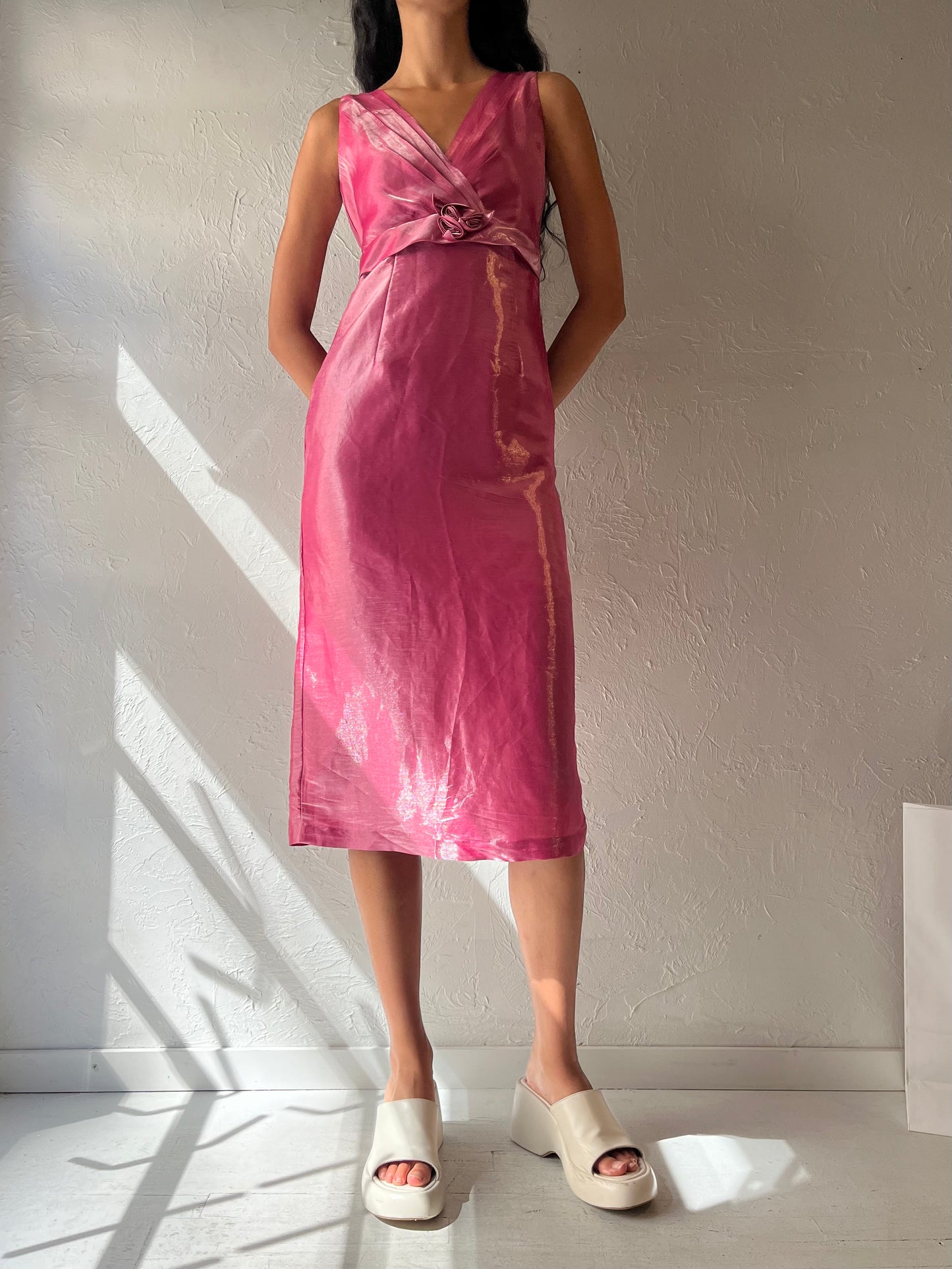 Vintage Shiny Pink Midi Dress / Small