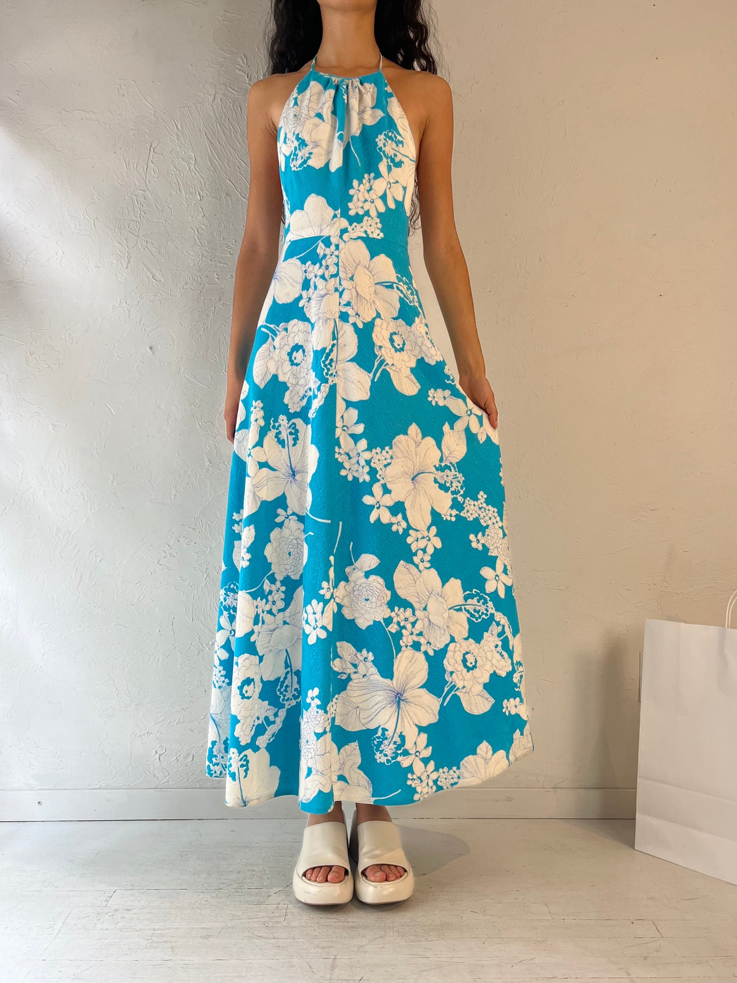 70s Handmade Blue Floral Halter Dress / Small