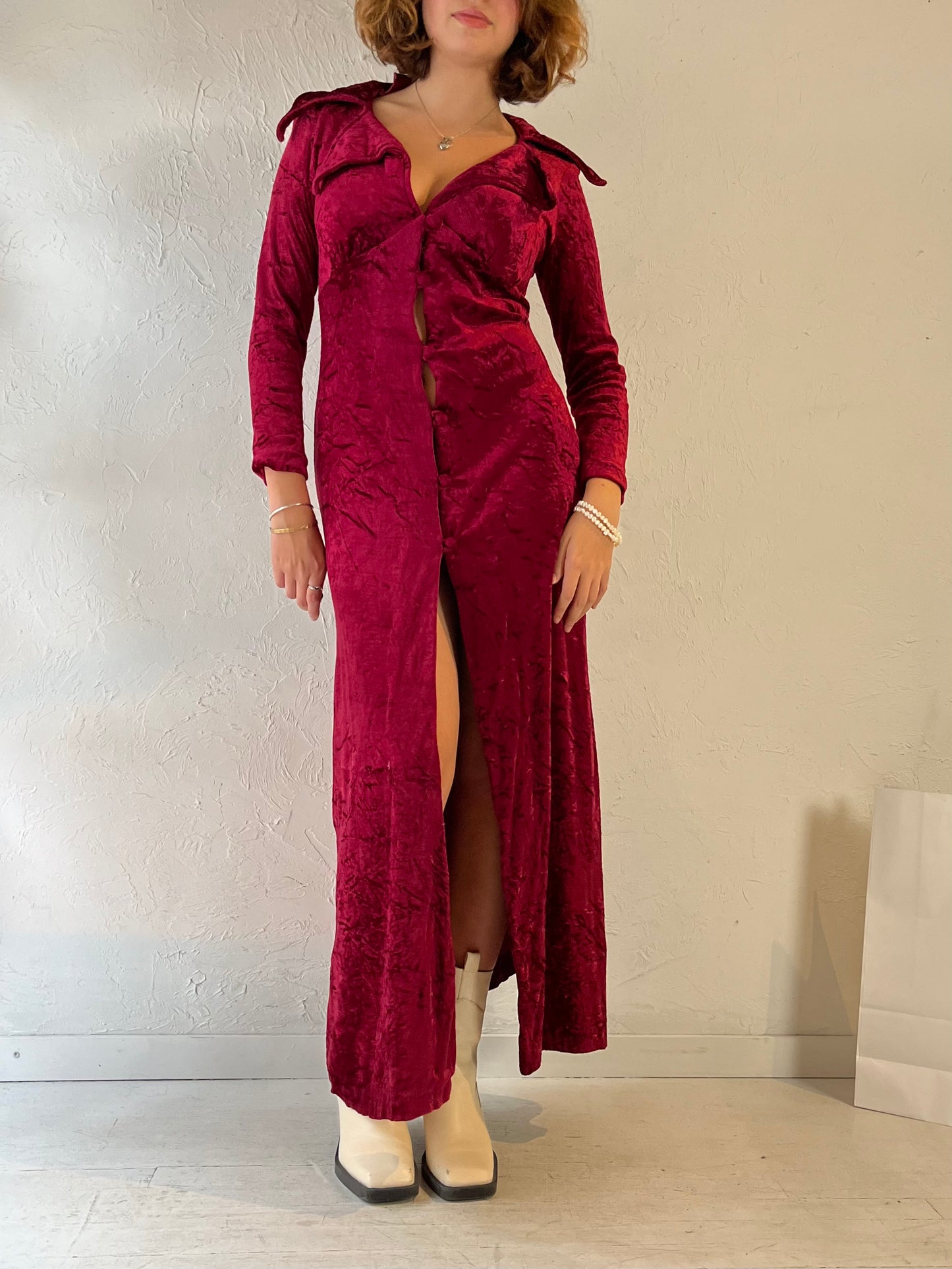 70s 'Katherines' Red Crushed Velvet Duster Dress / Small