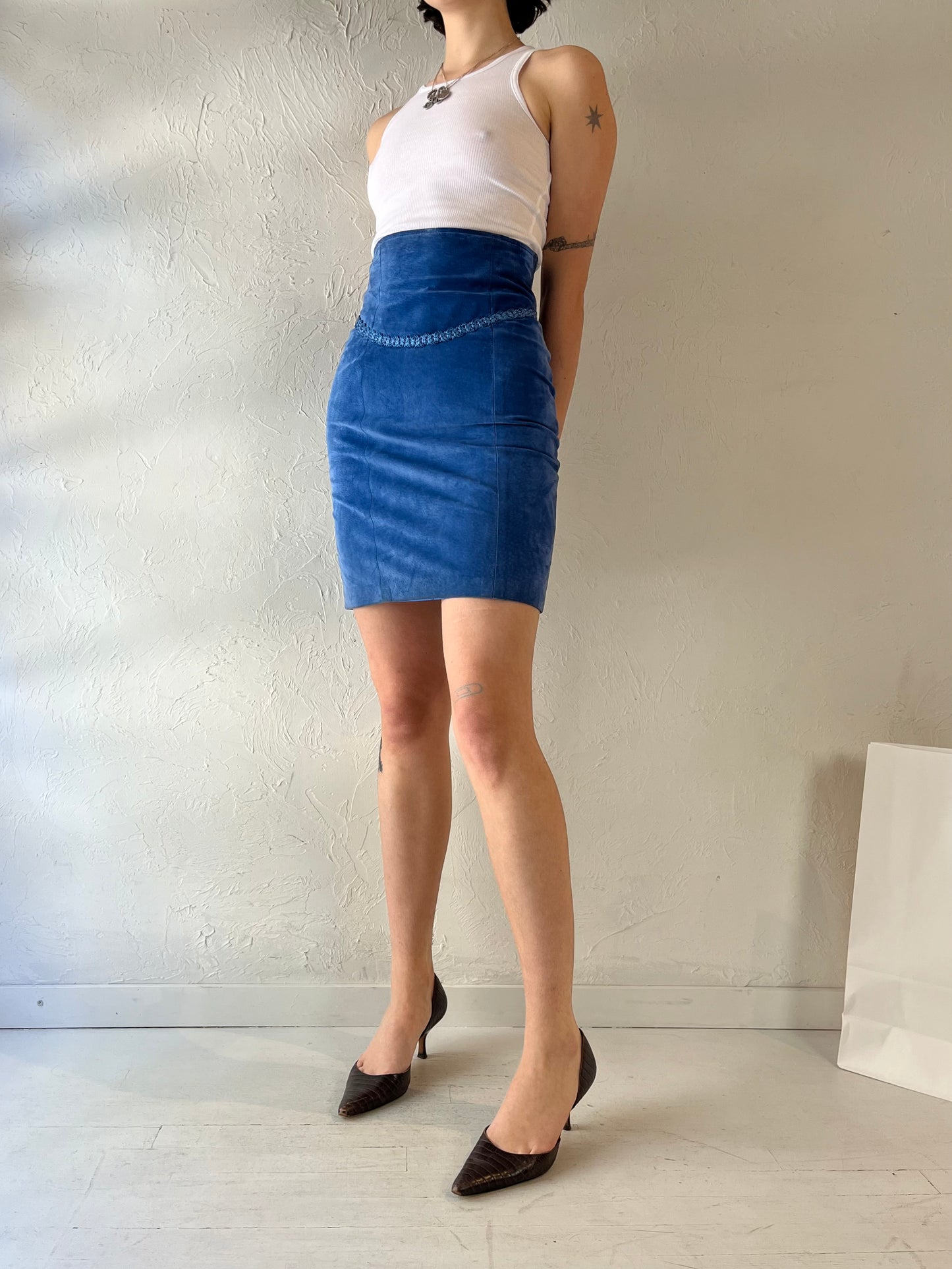 90s 'Danier' Blue Suede Pencil Skirt / Small