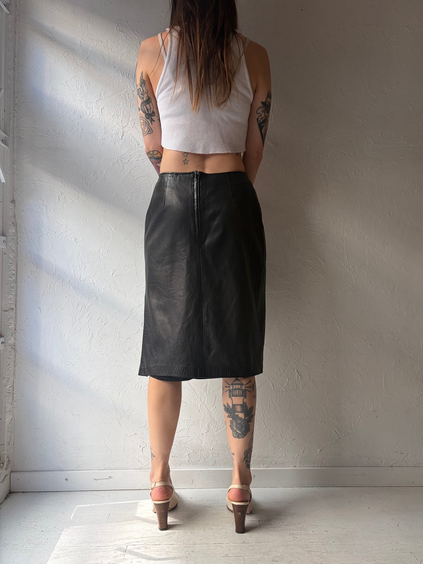90s 'Danier' Dark Academia Black Leather Pencil High Waisted Skirt / Medium