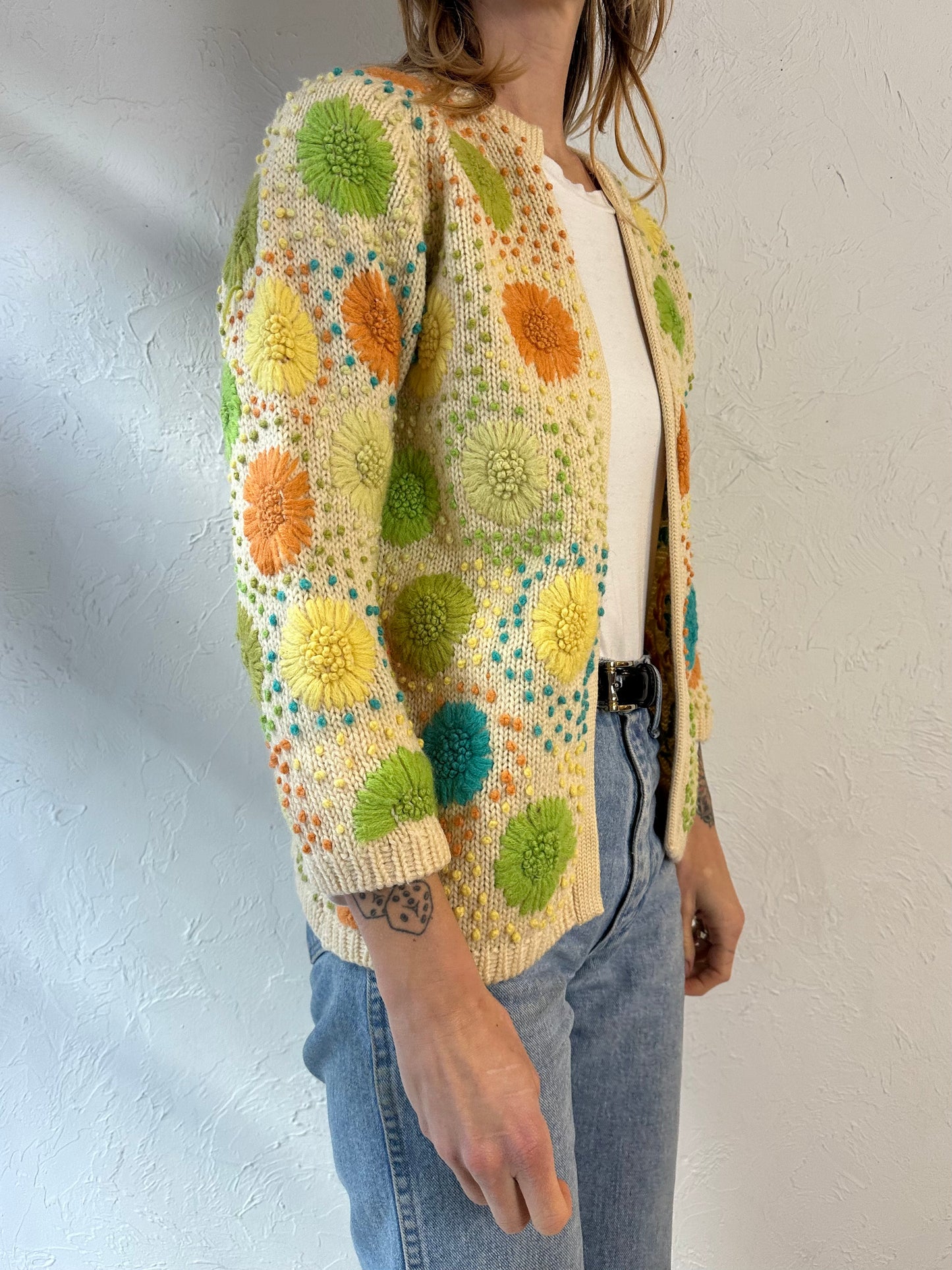 Vintage Hand Knit Cream Embroidered Cardigan Sweater / Small