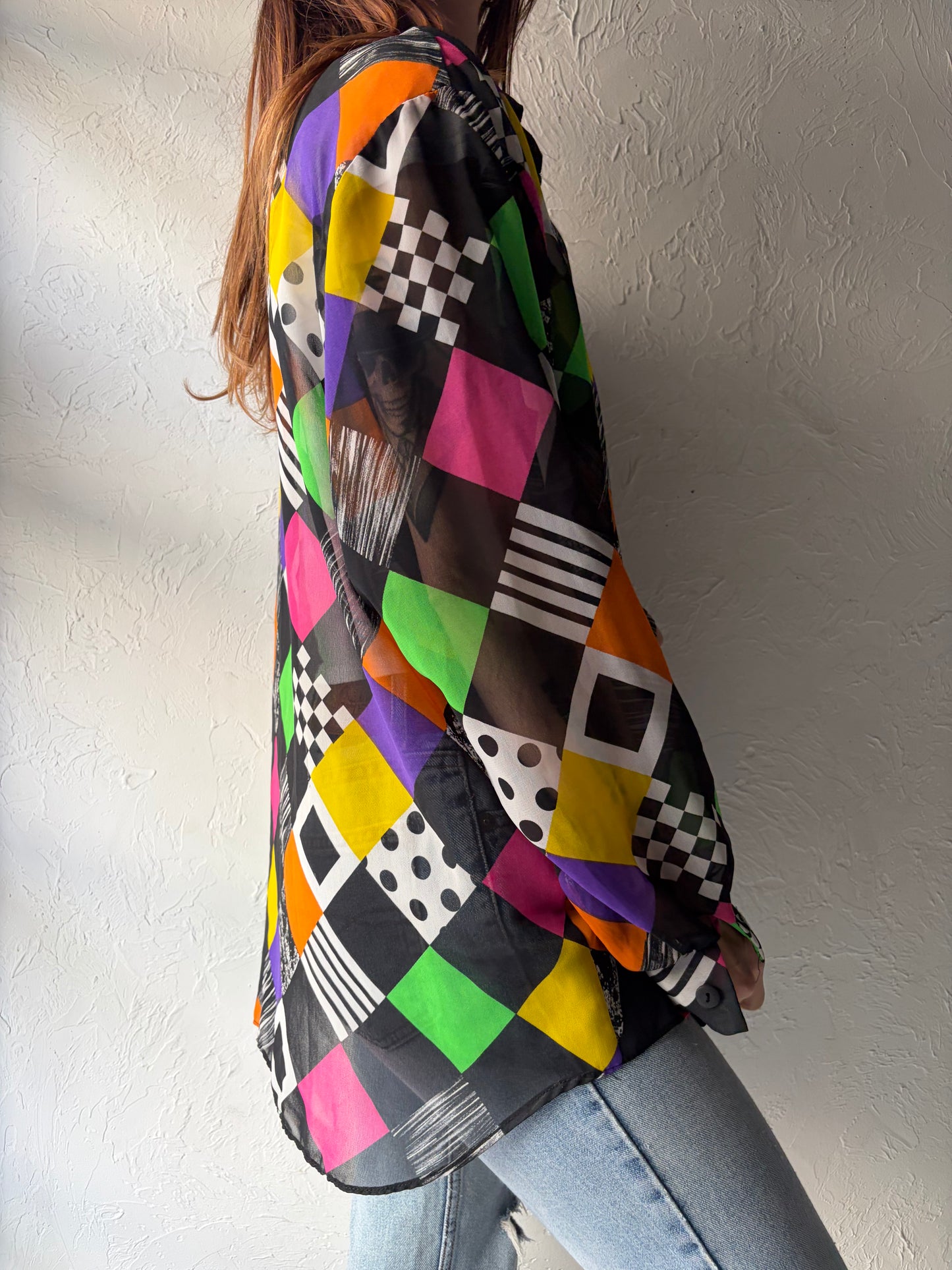80s '2XS' Retro Patterned Button Up Shirt / Vintage 1980s Abstract Graphic Top / Large