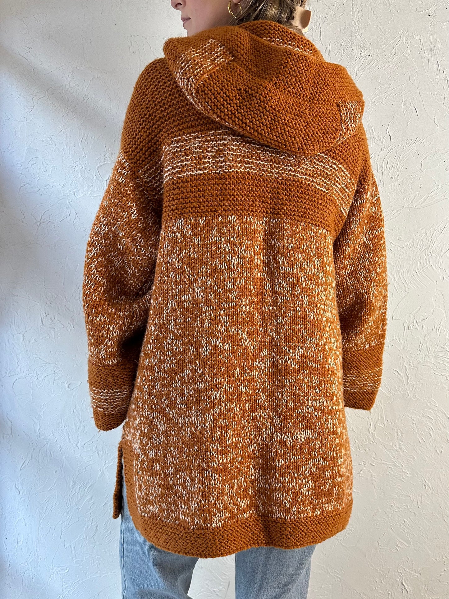 Vintage Orange Hand Knit Hooded Sweater / Medium