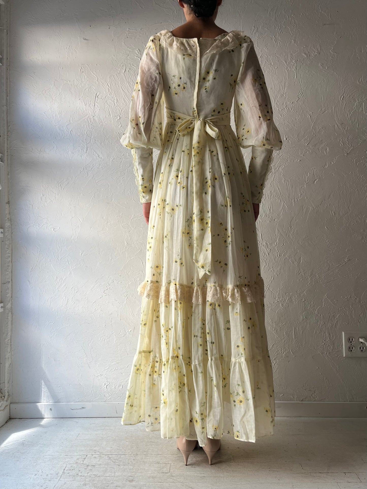 70s 'Shamash & Yofi Gunne Sax' Yellow Floral Long Sleeve Peasant Dress / Small