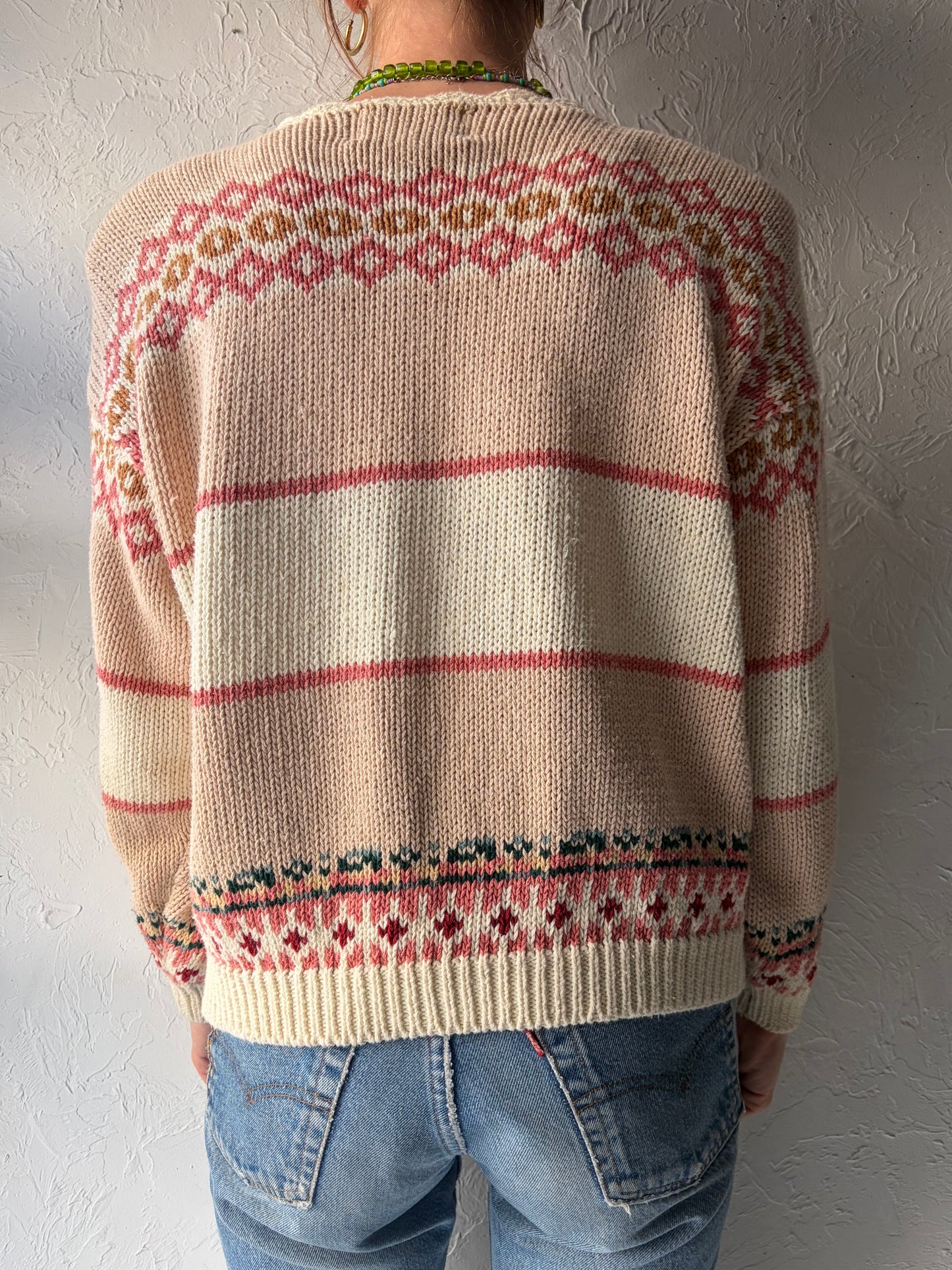 Vintage Cotton Knit Floral Cardigan Sweater / Large