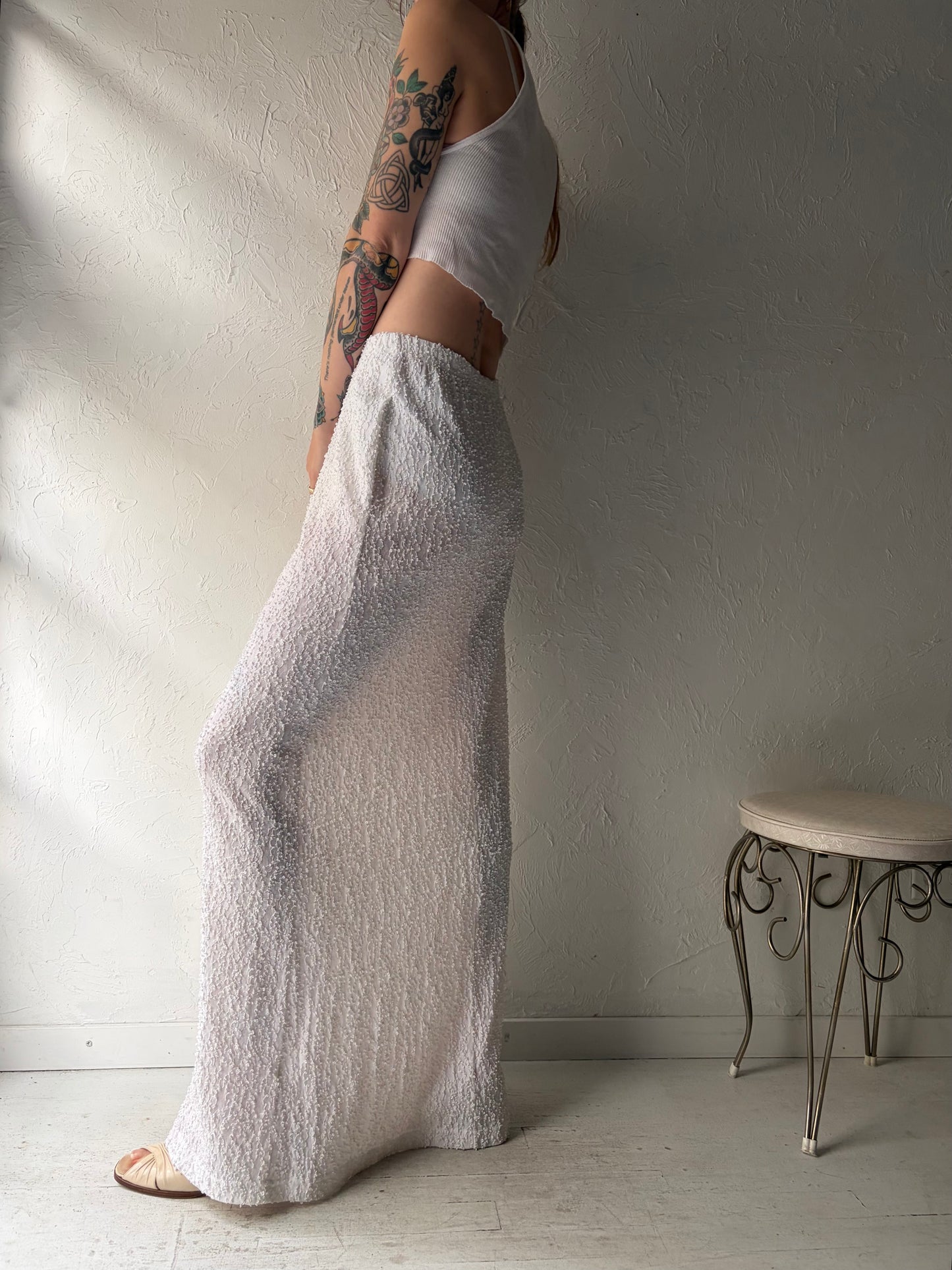 90s 'Dressed in White' Textured White Maxi Skirt / Small