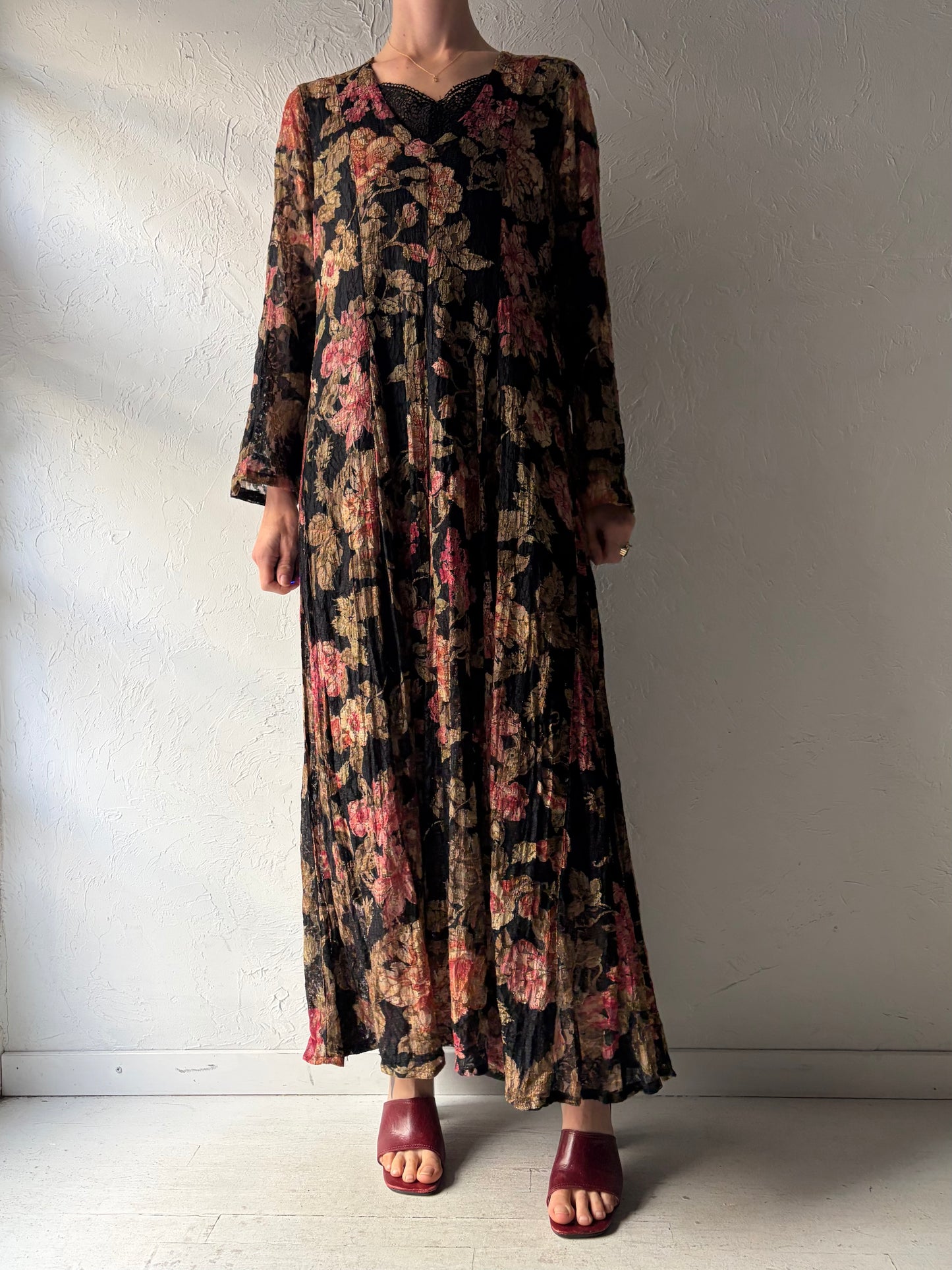 90s 'Nostalgia' Black Floral Lace Long Sleeve Maxi Dress / Large