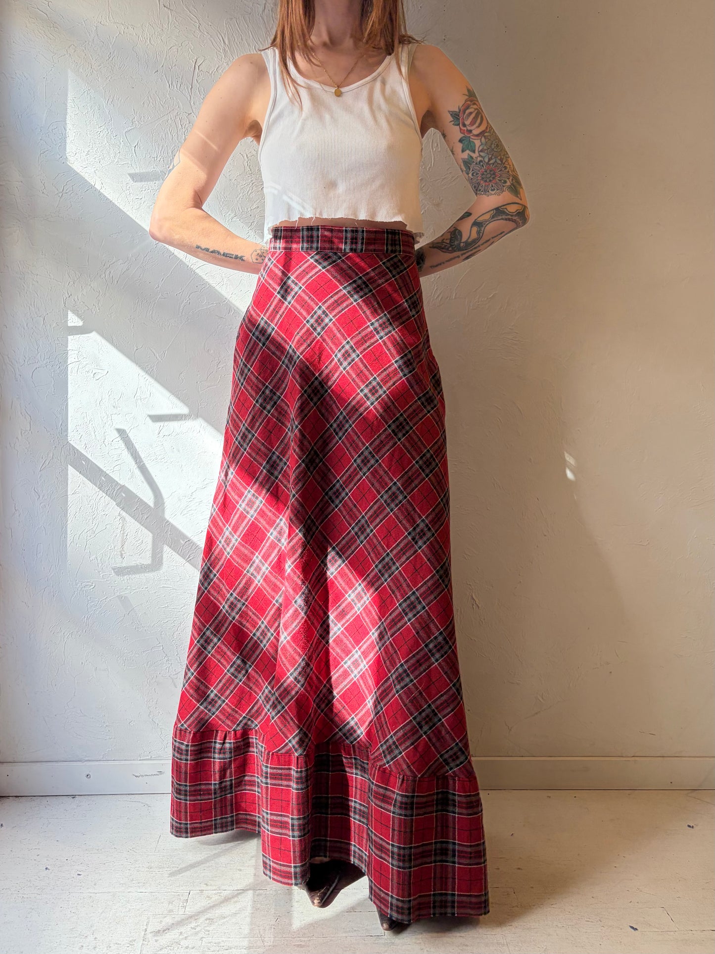 Vintage Handmade Wool Plaid Maxi Skirt / Medium