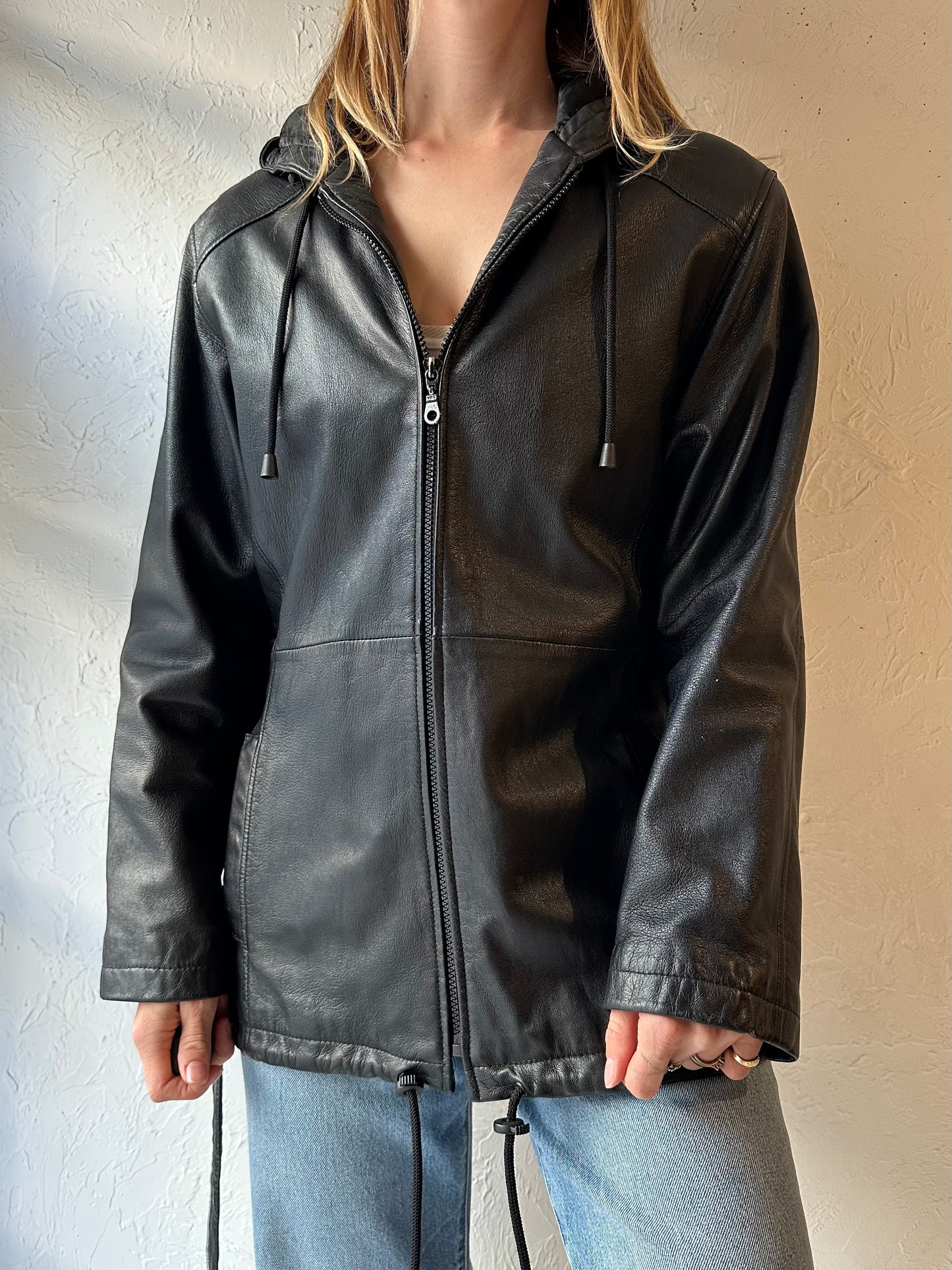 90s ‘Pelle’ Black Leather Hooded Jacket / Medium