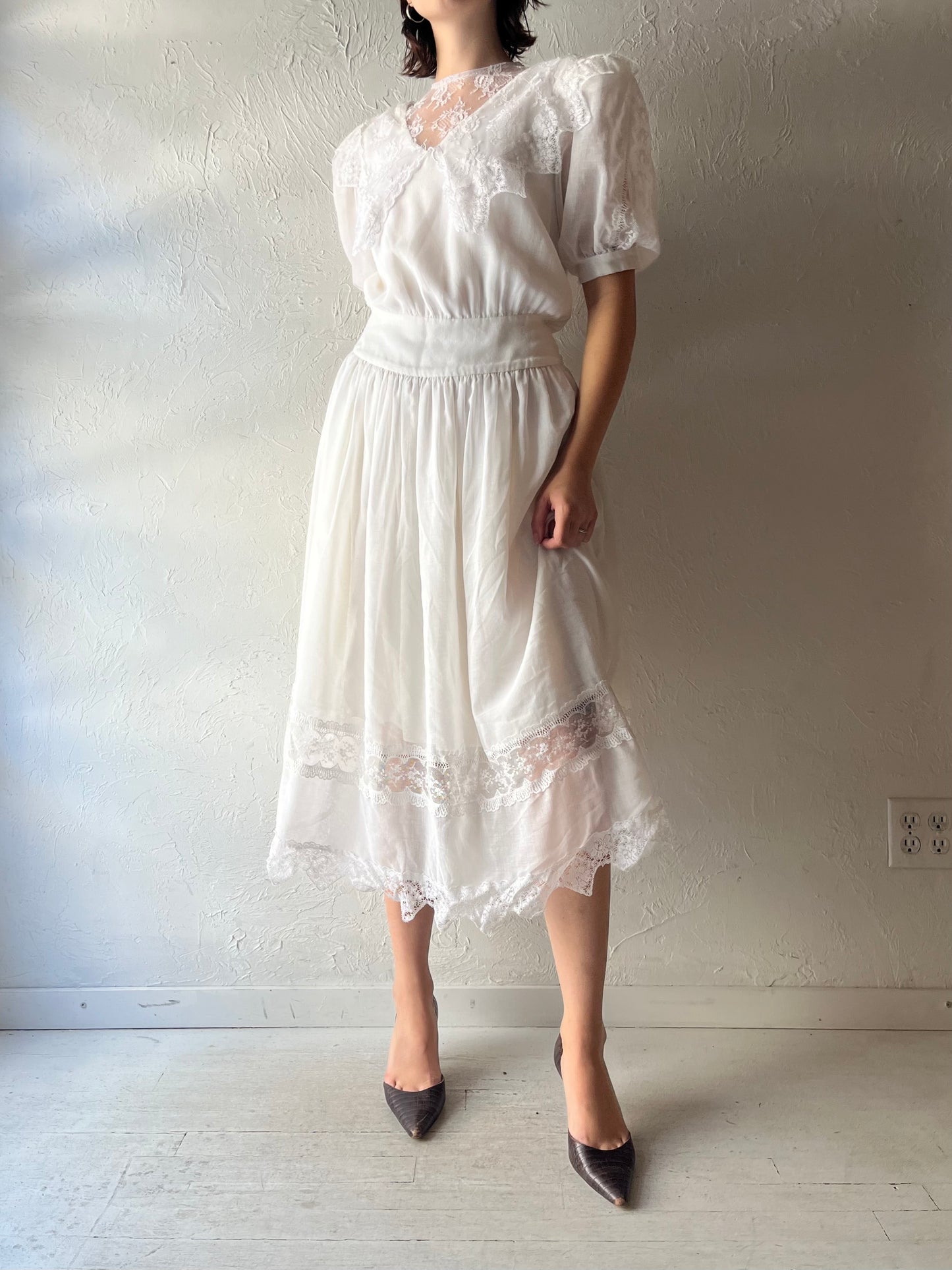 80s 'Jessica McClintock' White Romanic Prairie Cottage Core Summer Garden Party Dress / Small