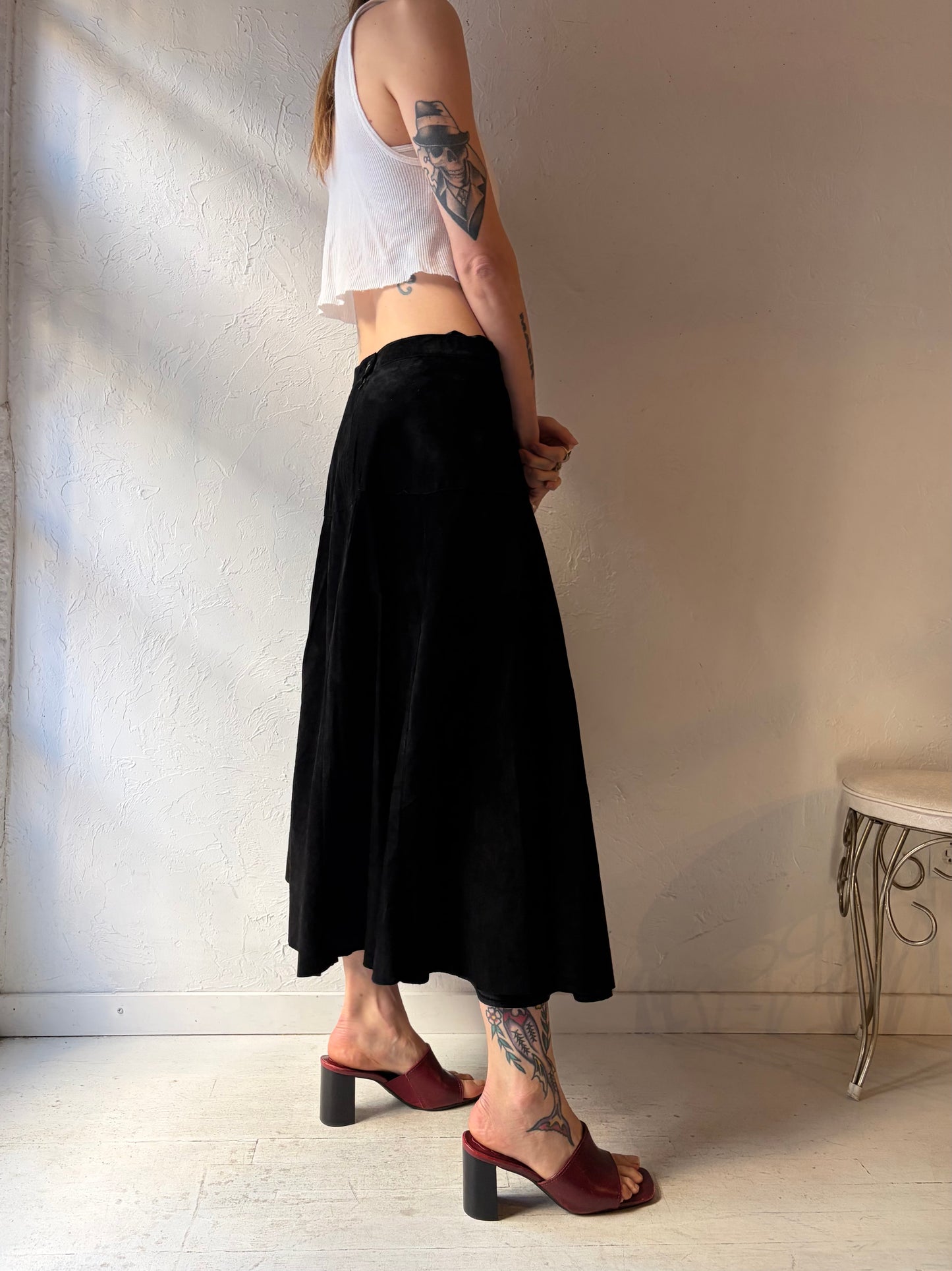 80s 'Maglia' Black Suede Leather Midi Skirt / Medium