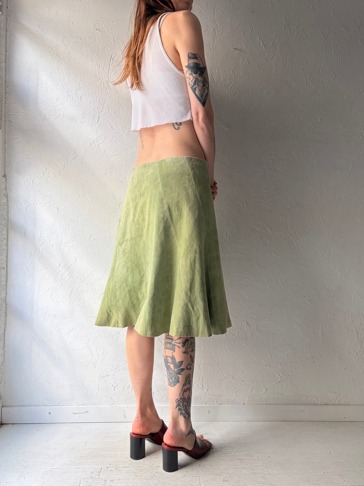 Y2k 'Wear Else' Green Suede Sprint Midi Skirt / Medium