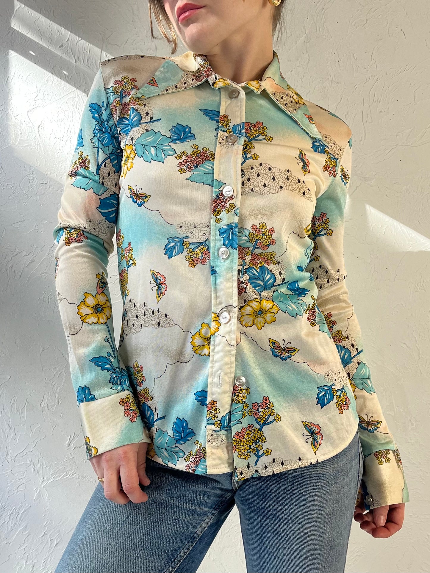 70s Union Made Blue Floral Button Up Blouse / Small