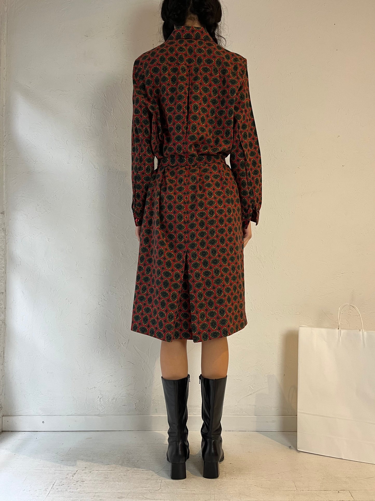 90s ‘Schrader’ Long Sleeve Patterned Midi Dress / Medium