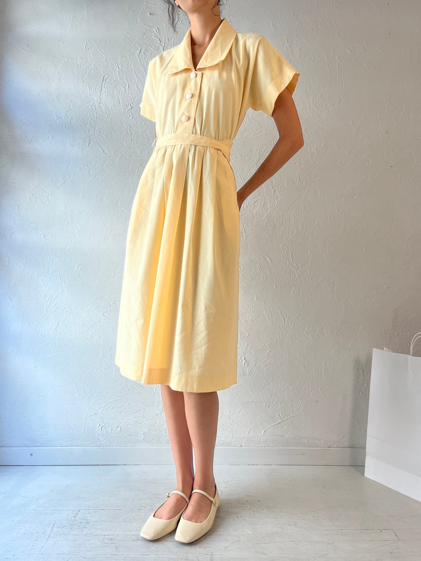 70s 'Leslie Fay' Pale Yellow Button Up Dress / Union Made / Medium