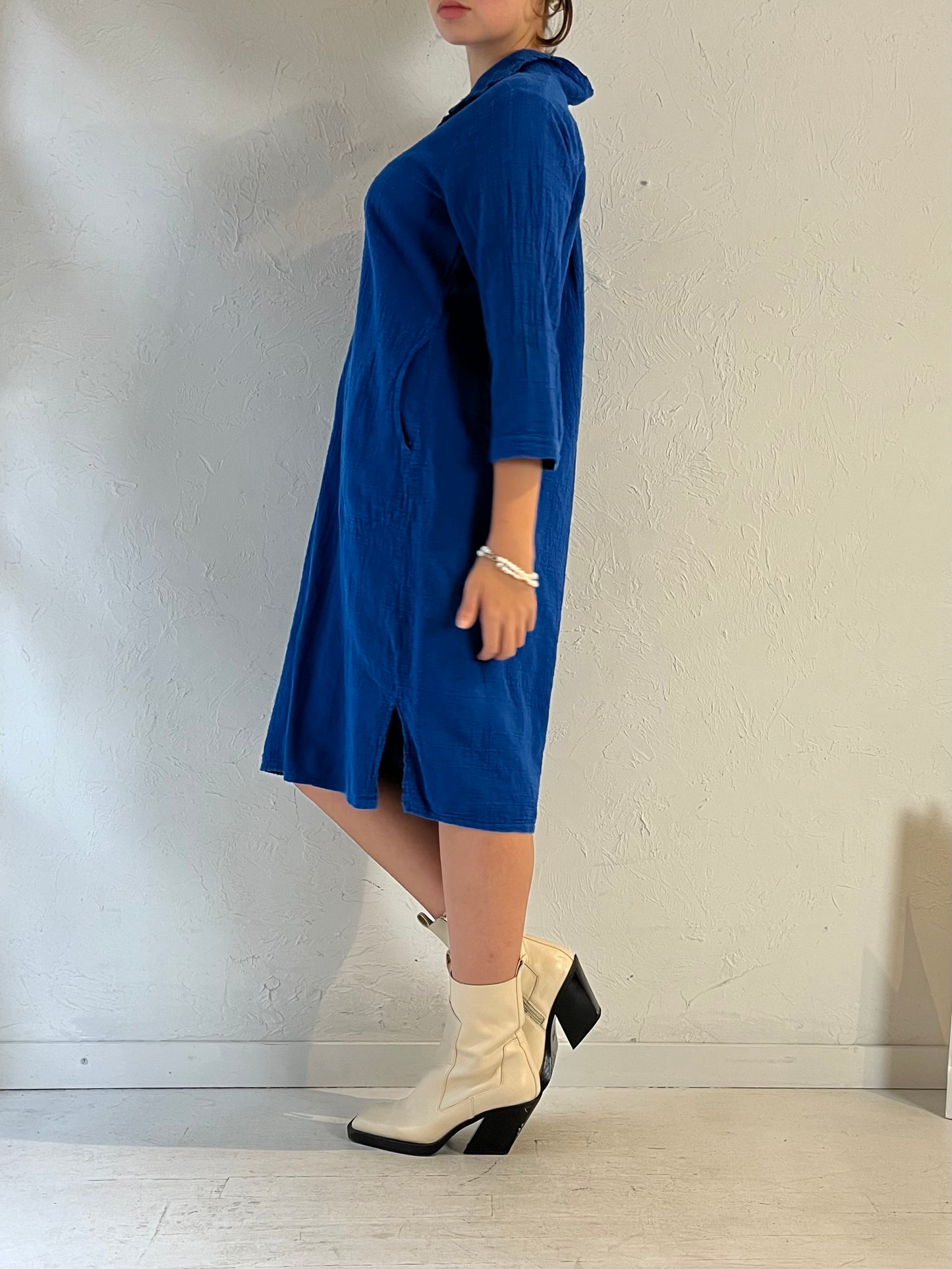 90s 'Ezzewear' Blue Snap Up Midi Dress / Medium