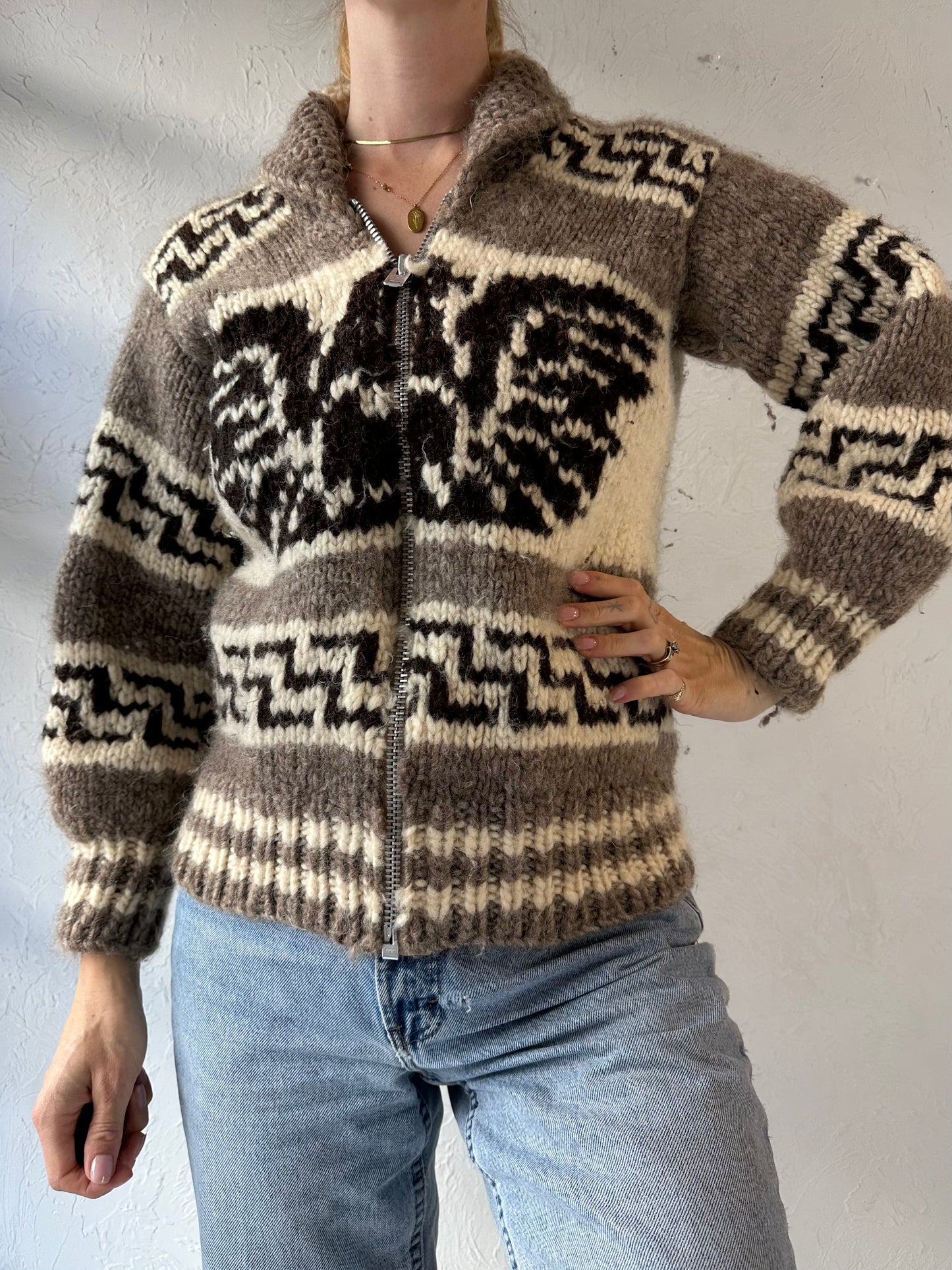 Vintage Hand Knit Zip Up Wool Eagle Sweater / Small