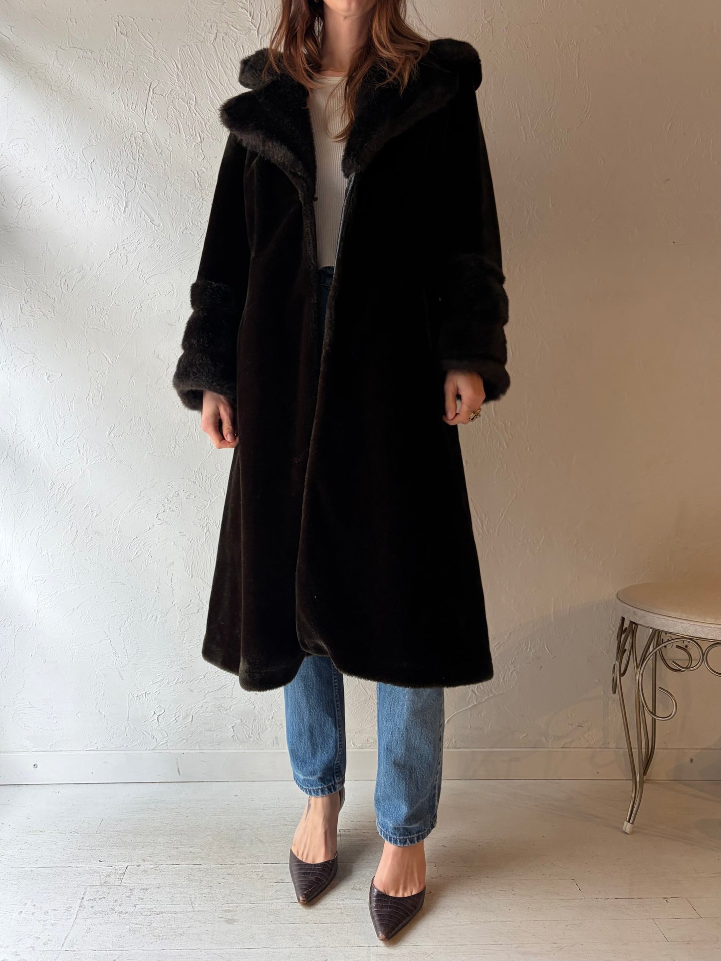 Vintage Hooded Brown Faux fur Coat / Medium