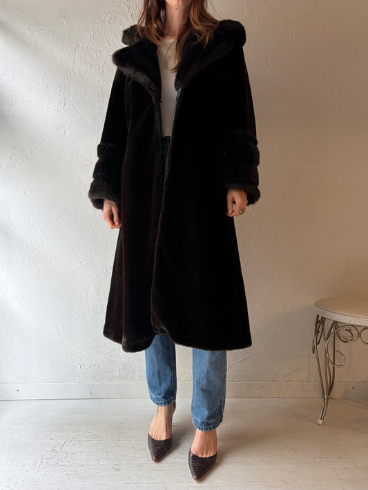 Vintage Hooded Brown Faux fur Coat / Medium