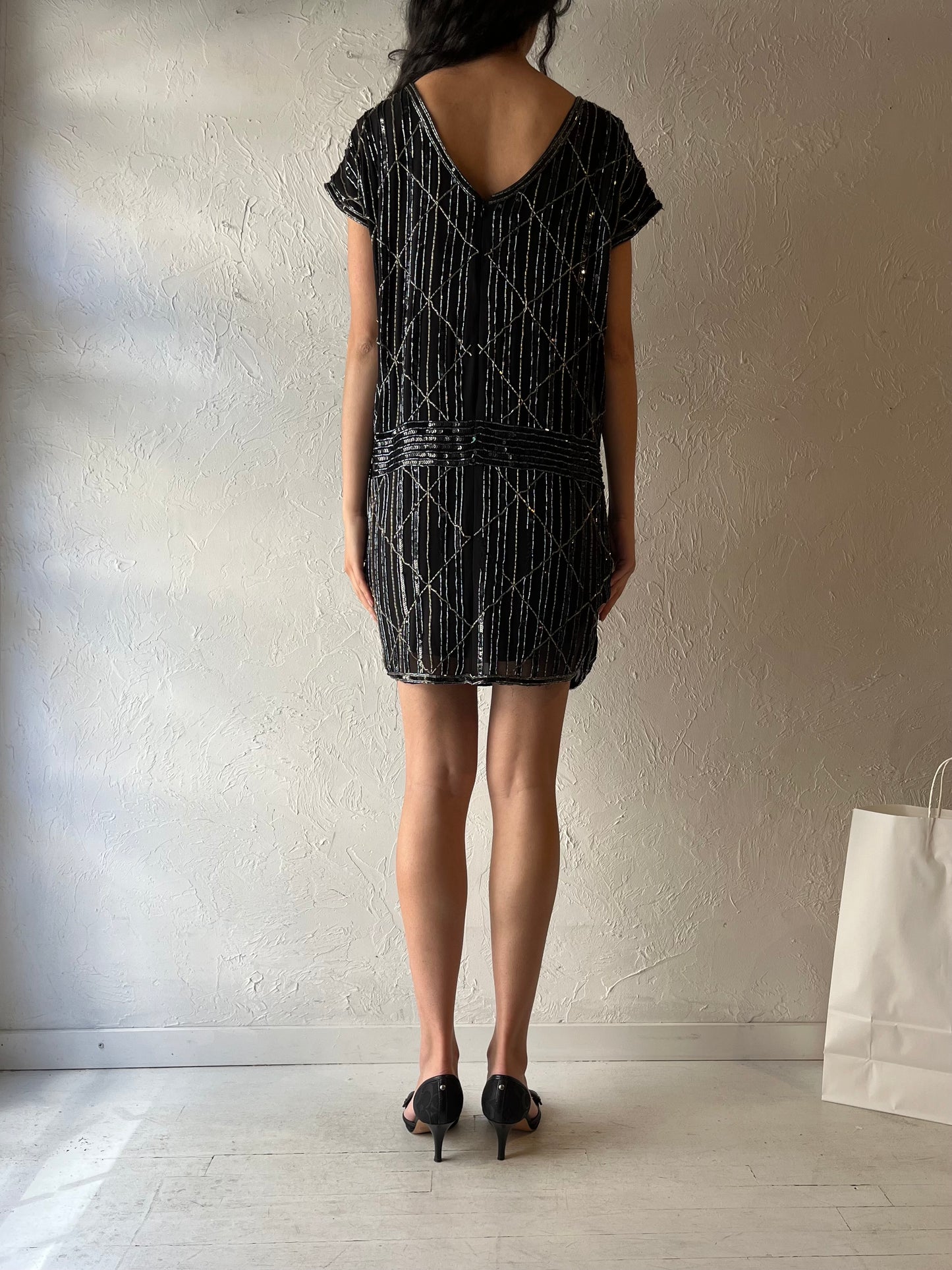90s Black Beaded Dress / Medium