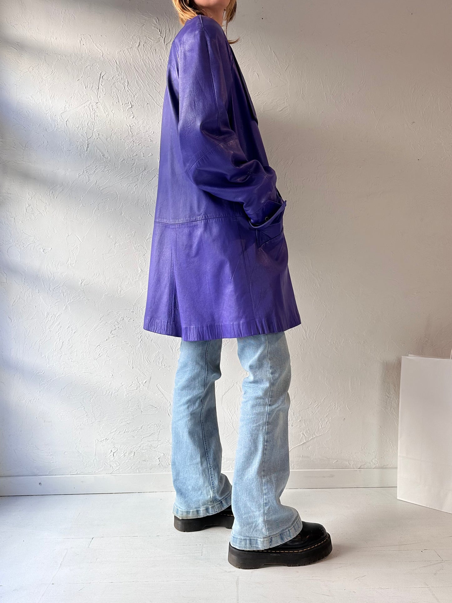 80s 'Club Prive' Purple Oversized Leather Jacket / Medium